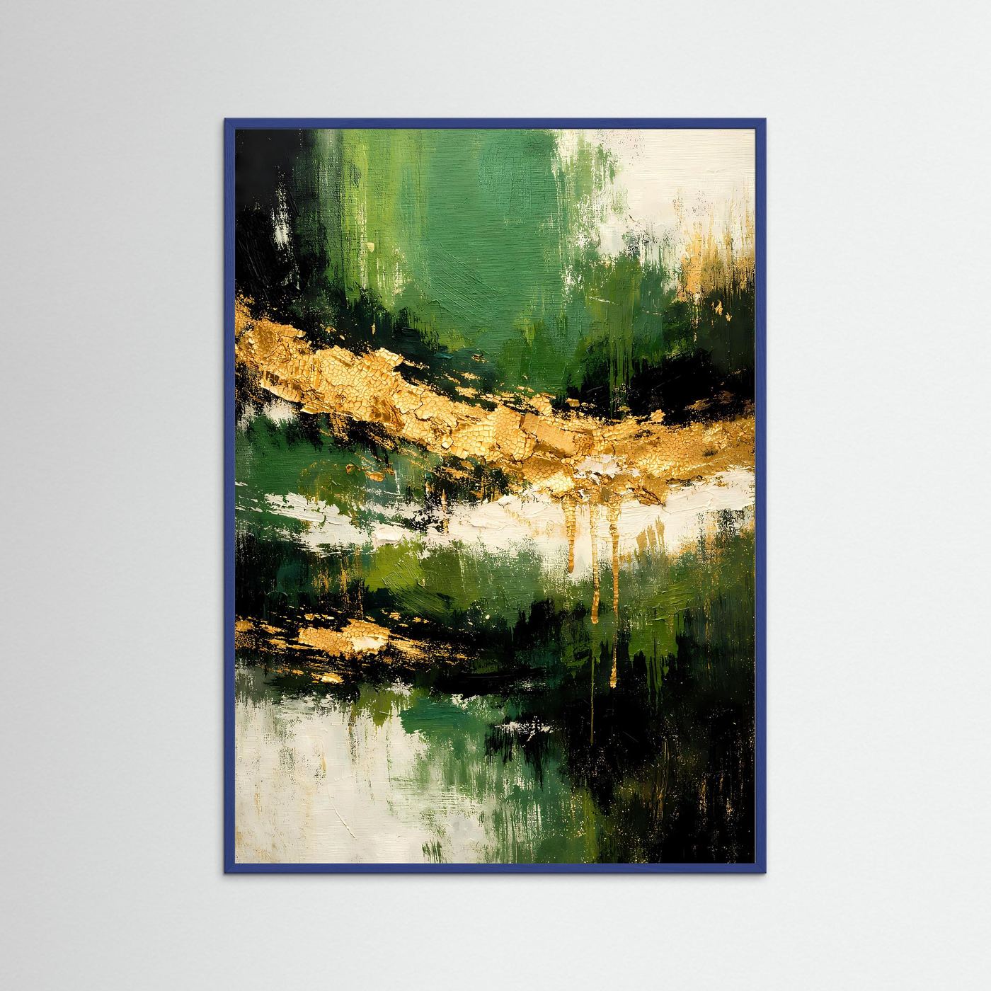 Abstraktes Poster im Hochformat mit blauem Rahmen; moosgrüne, cremefarbene Bereiche, gold