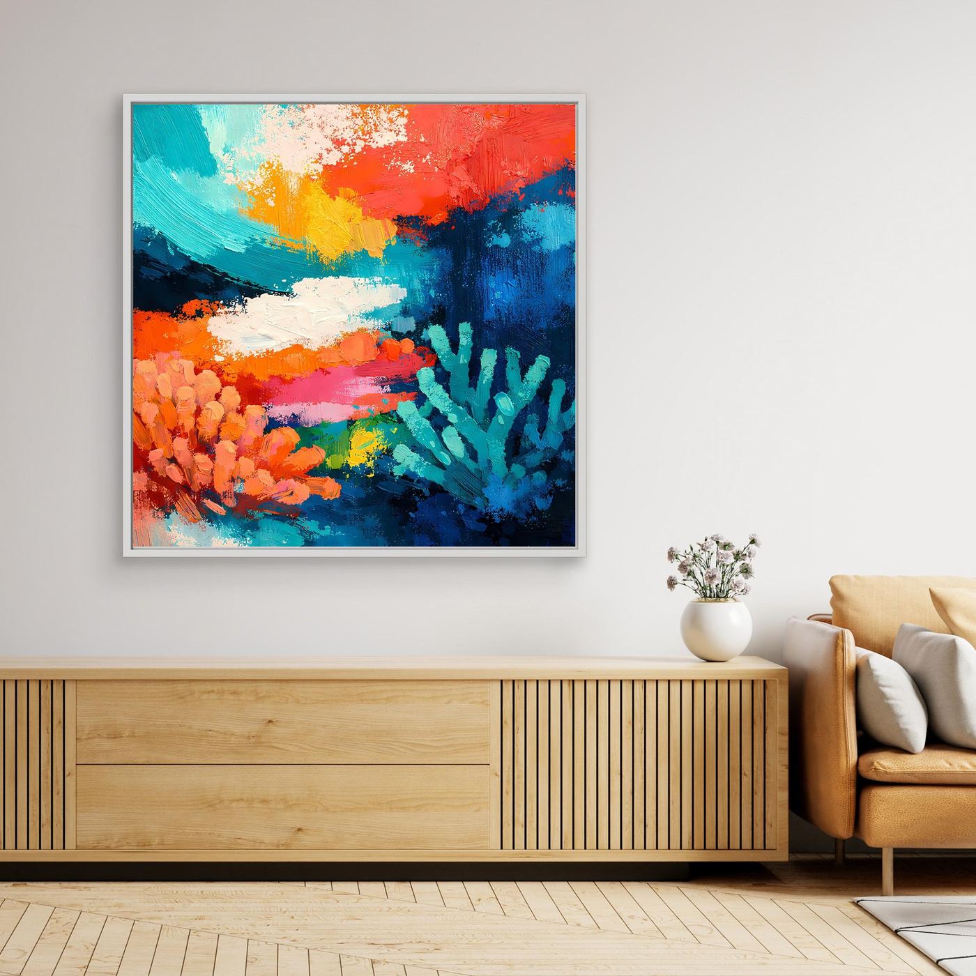 Leinwand-Wandbild mit abstraktem Korallenriff, farbenreiche Unterwasserfarben im schwarzen Rahmen