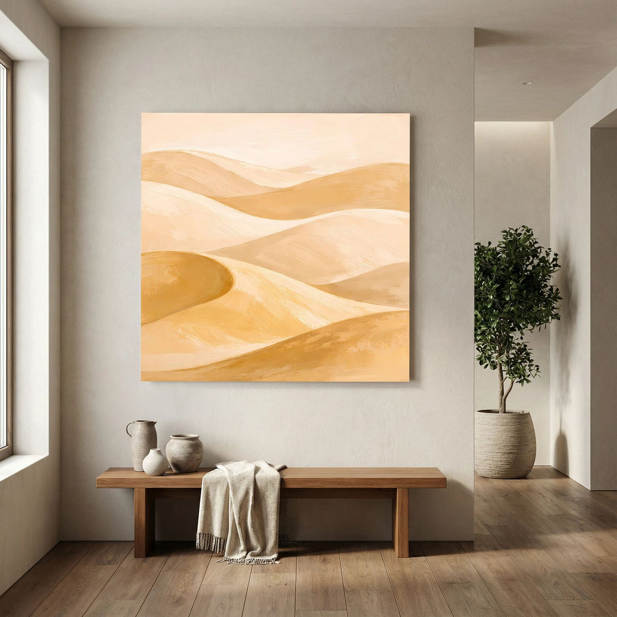 Quadratisches Leinwand-Wandbild mit hellen Sanddünen in Beige, Creme und Honiggelb