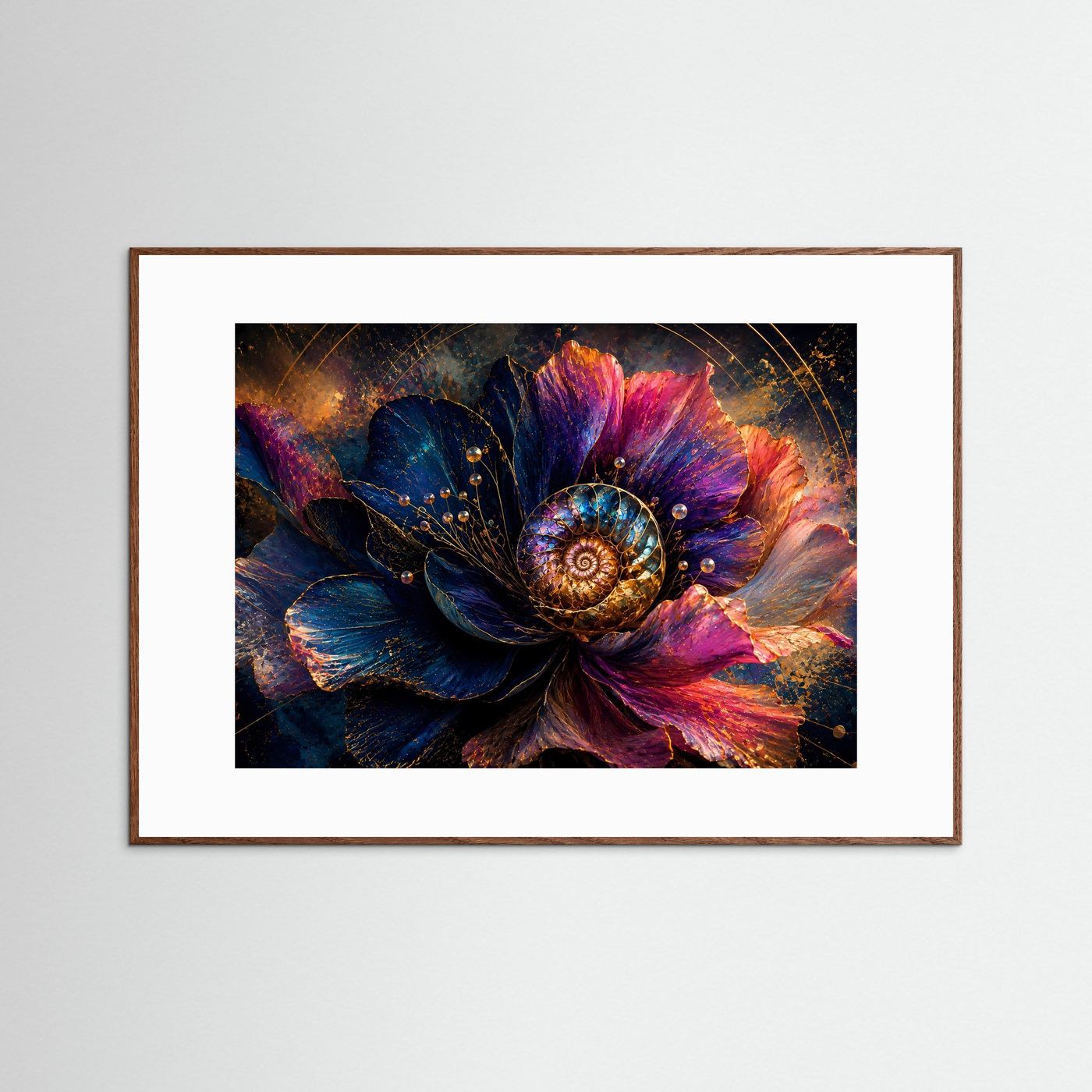 Abstrakte Blume mit Ammonit Wandbild | Luxuriöse Floral Fossil Kunst | Blau Pink Gold Modernes Poster | Elegante Botanical Wall Art | Leinwand
