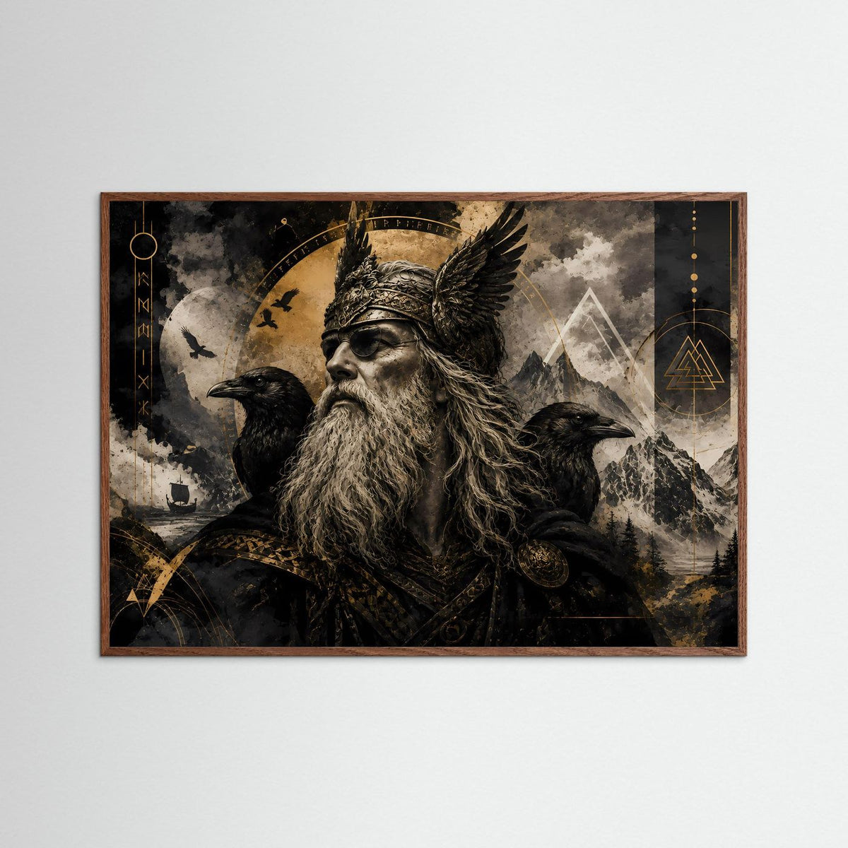 Poster im dunklen Eichenholzrahmen: Odin mit Raben, schwarz-goldene Wikingerkunst