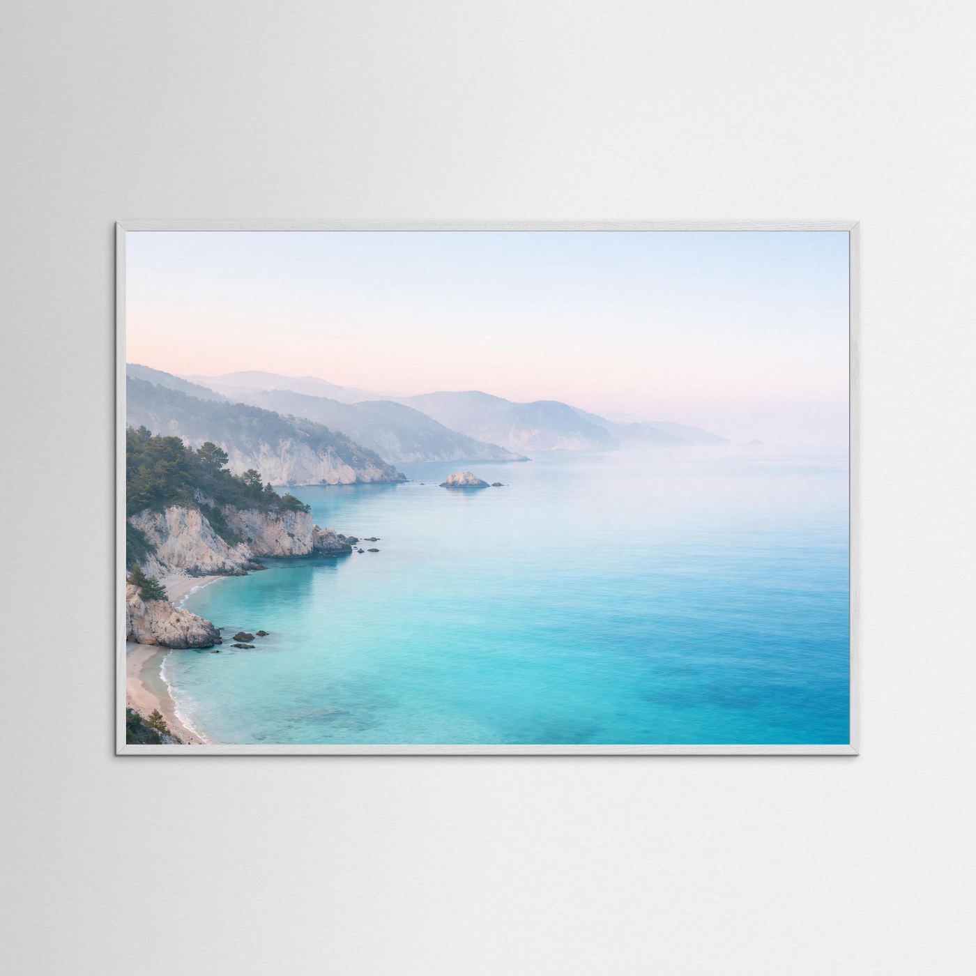 Poster Querformat im weißen Holzrahmen mit Küstenlandschaft und türkisblauem Meer