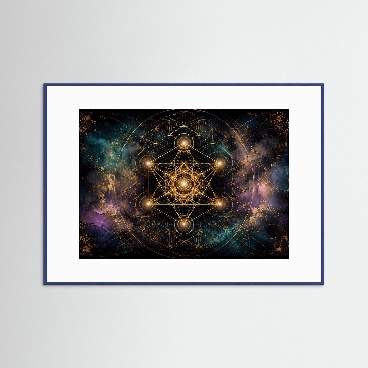 Heilige Geometrie Poster | Goldene Sacred Geometry mit Metatrons Würfel | Spirituelle Wandkunst | Kosmisches Mandala | Premium Leinwand & Wall Art