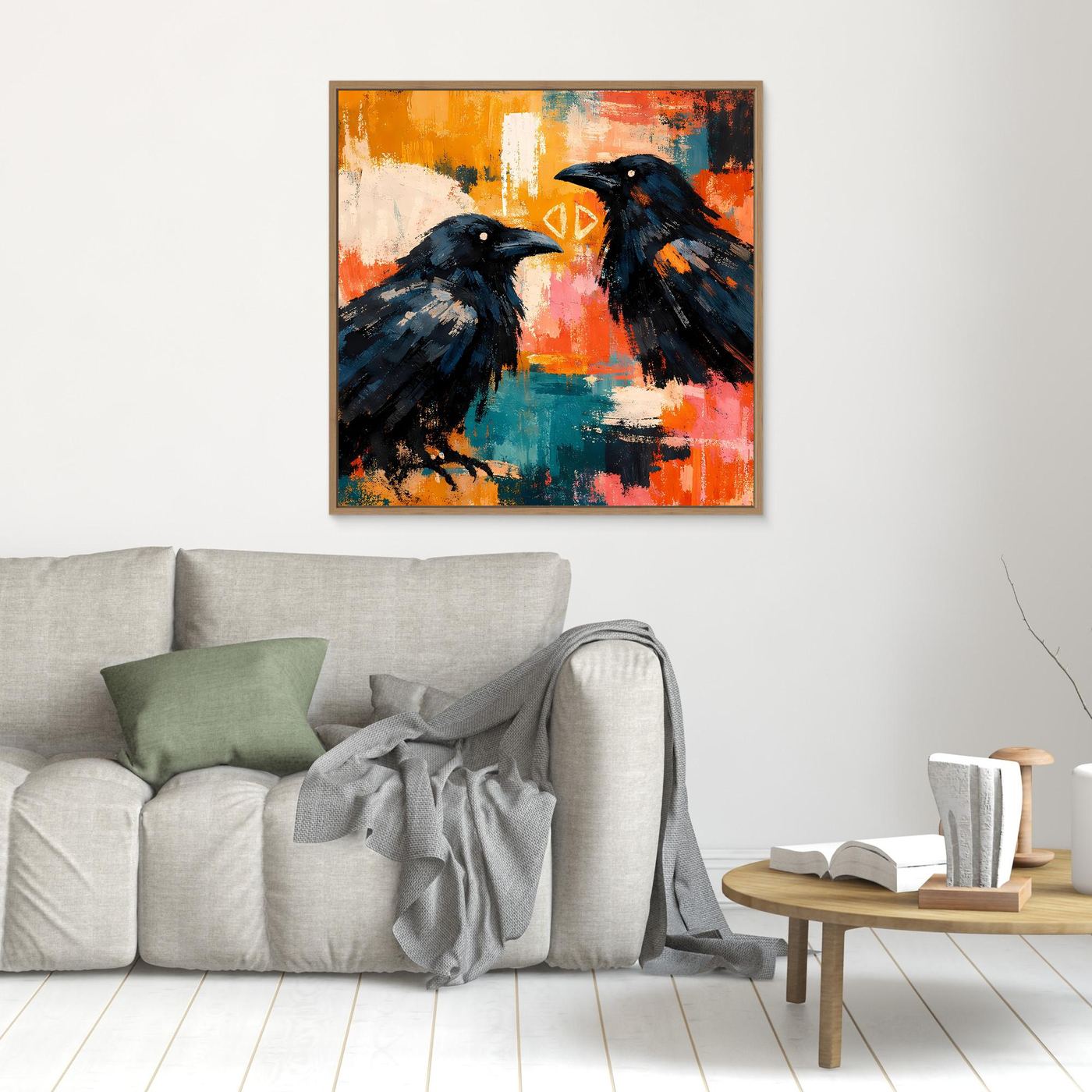 Abstraktes Wandbild mit zwei dunklen Raben, klein an der Wand, mit Holzrahmen