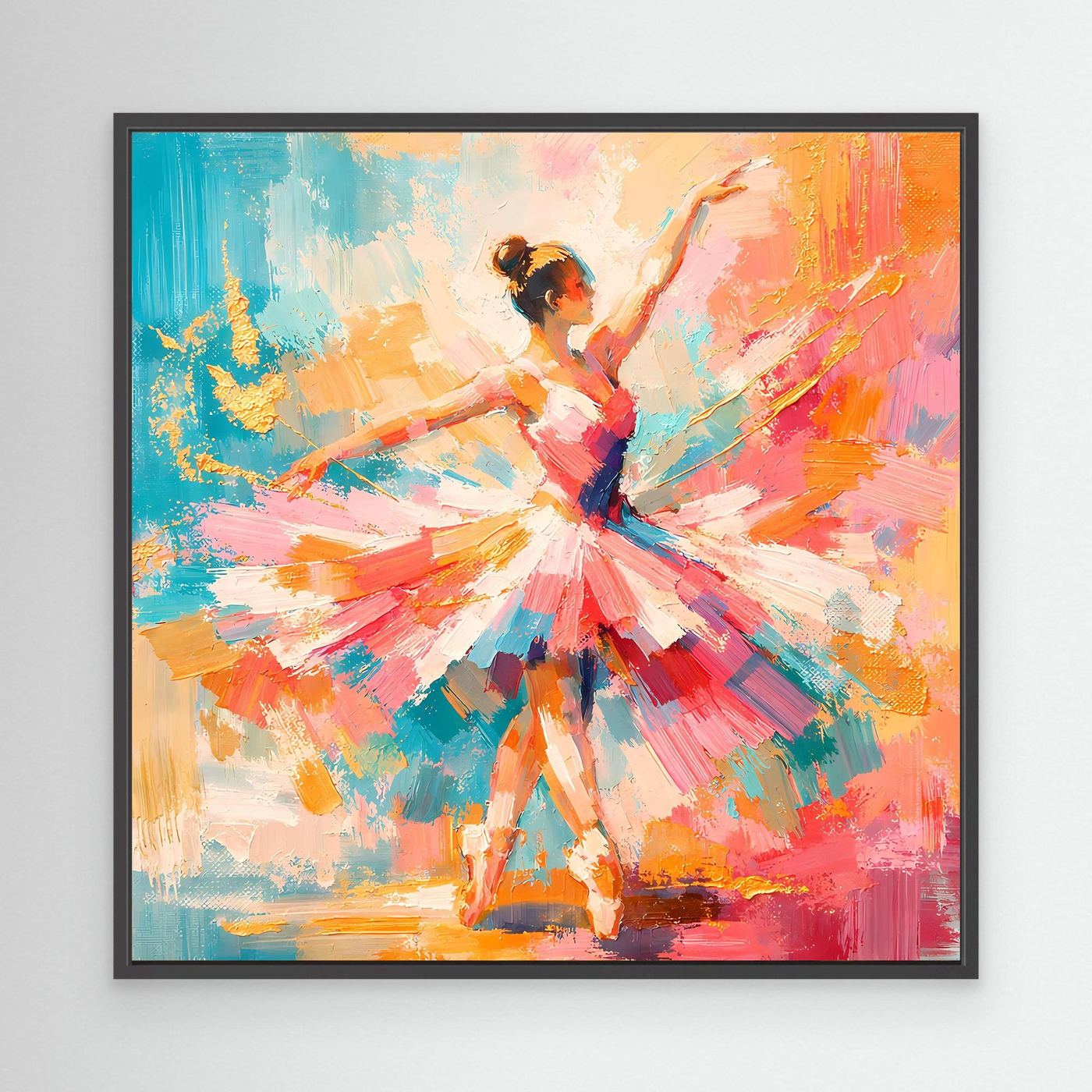 Abstraktes Leinwandbild mit tanzender Ballerina, farbenfrohe Pinseloptik, schwarz gerahmt