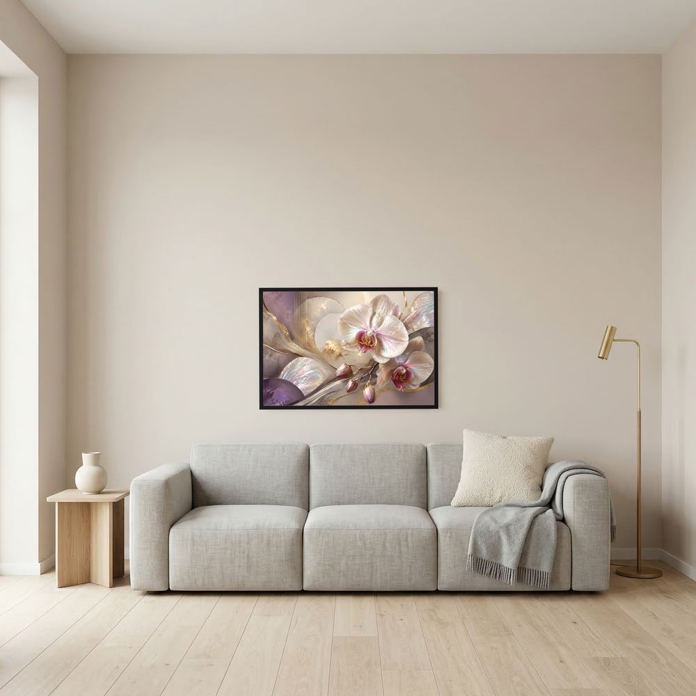 Orchideen-Poster im Querformat an der Wand: weiße Orchidee, roséfarben, goldene Akzente