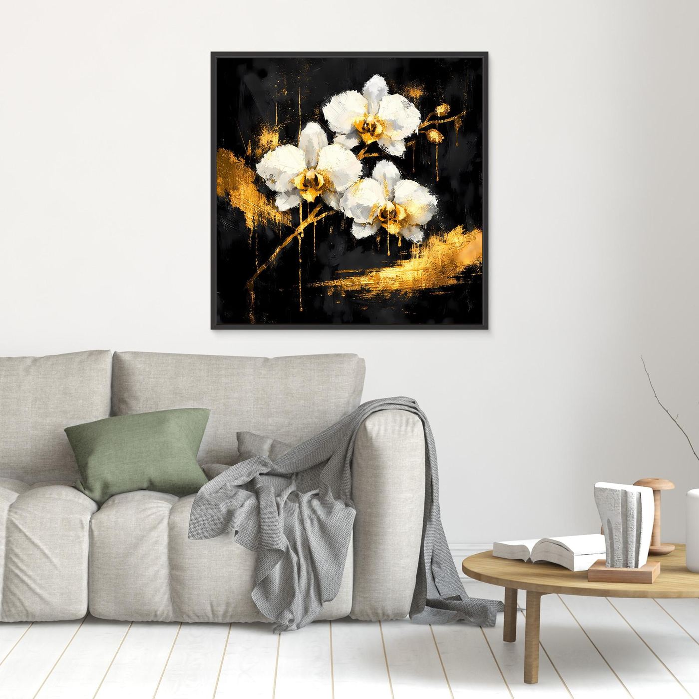 Leinwand Elegante Orchideen in Gold und Schwarz | Modernes Florales Luxus Wandbild