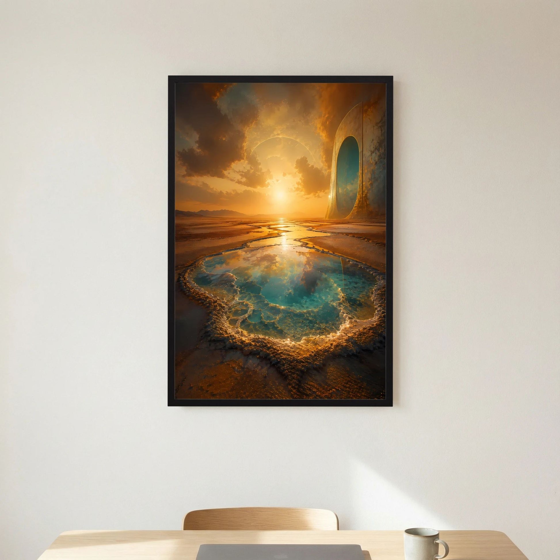 Hochformatiges Poster: Wüstenlandschaft mit türkisfarbener Quelle und rundem Portal, schwarz gerahmt