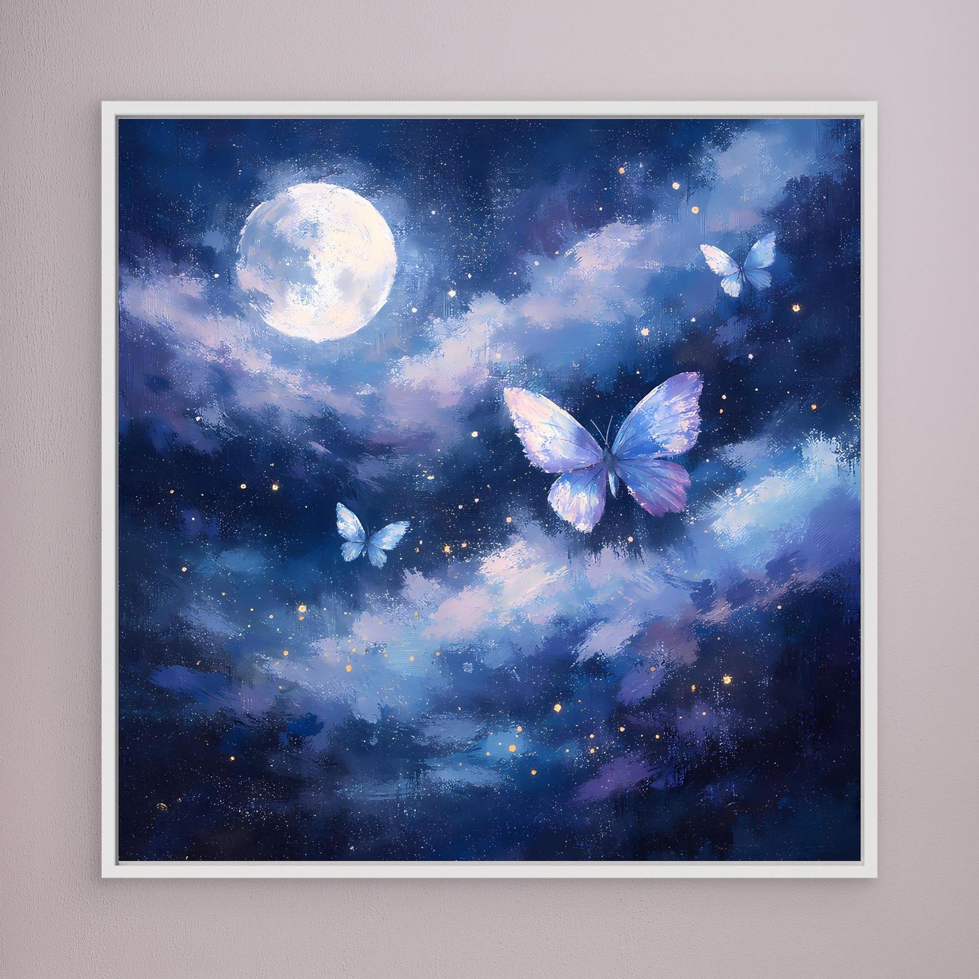 Leinwand-Wandbild mit Mond, Wolken und Schmetterlingen im Sternenhimmel, weißer Rahmen