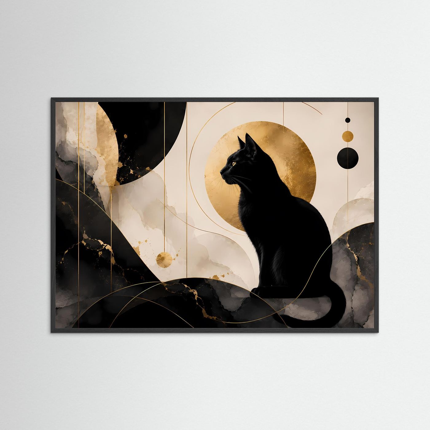 Schwarze Katze in Gold & Marmor | Elegante abstrakte Katzen Wandkunst