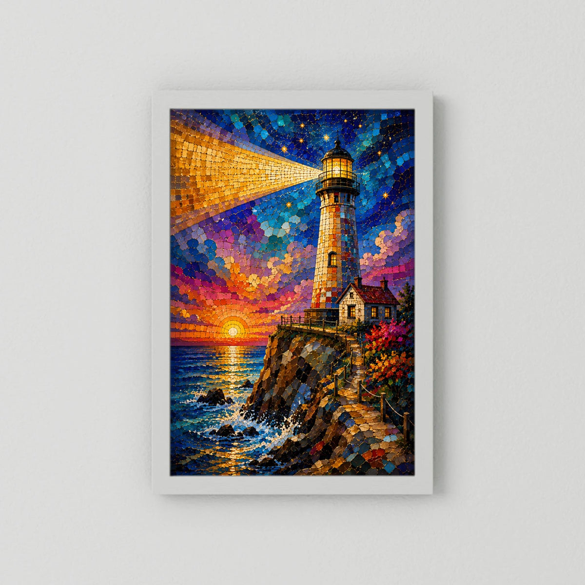 Leuchtturm im Sonnenuntergang | Farbenfrohe Mosaik Küstenkunst | Poster Hochformat