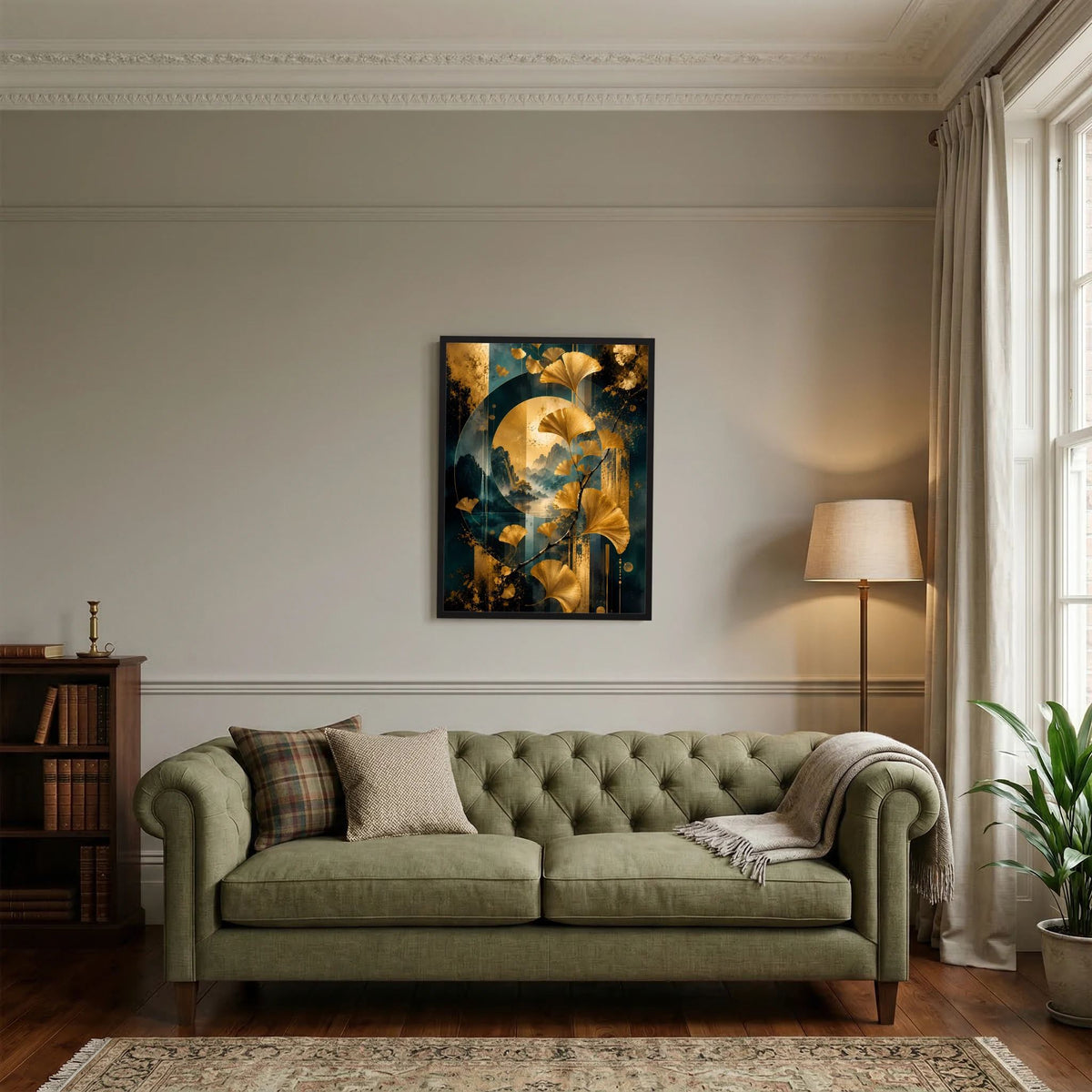 Gerahmtes Poster: goldene Ginkgo-Blätter über tiefblauer, abstrakter Berglandschaft