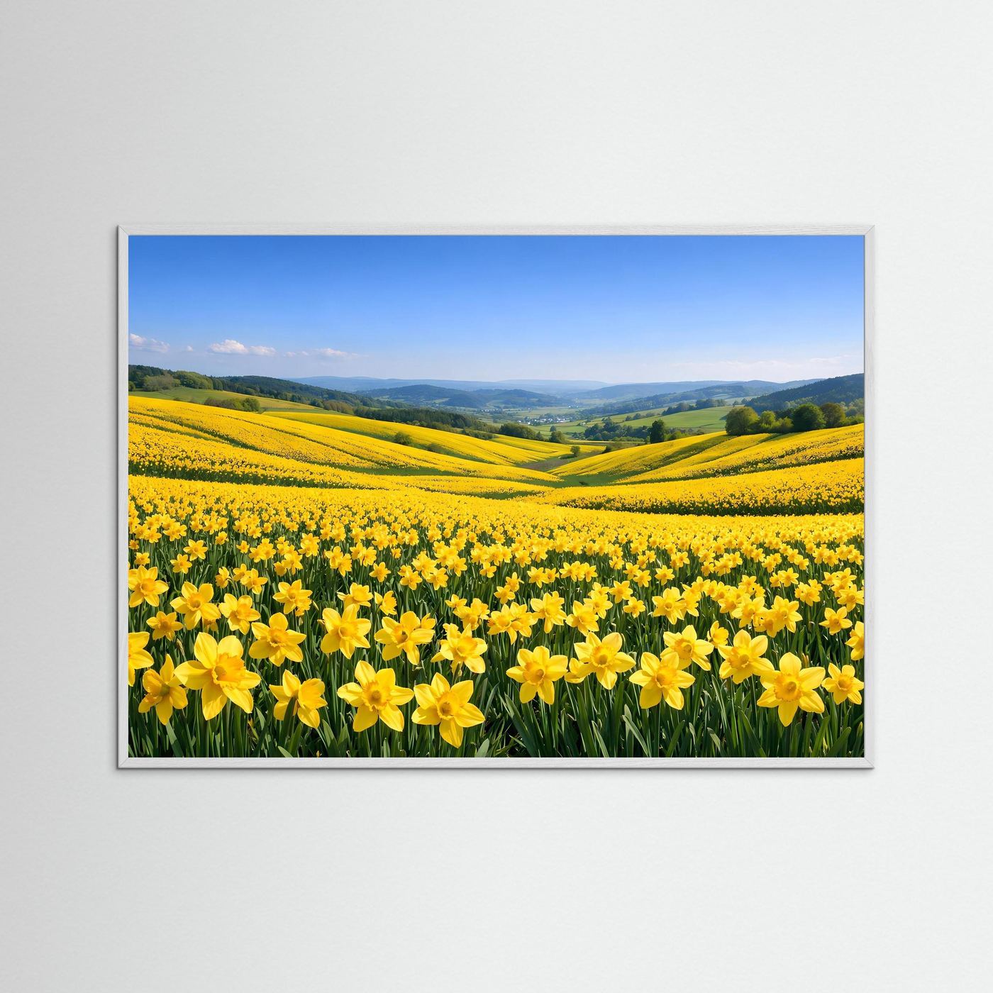 Wandbild mit gelbem Blumenfeld und Landschaft, mit schwarzer Umrandung