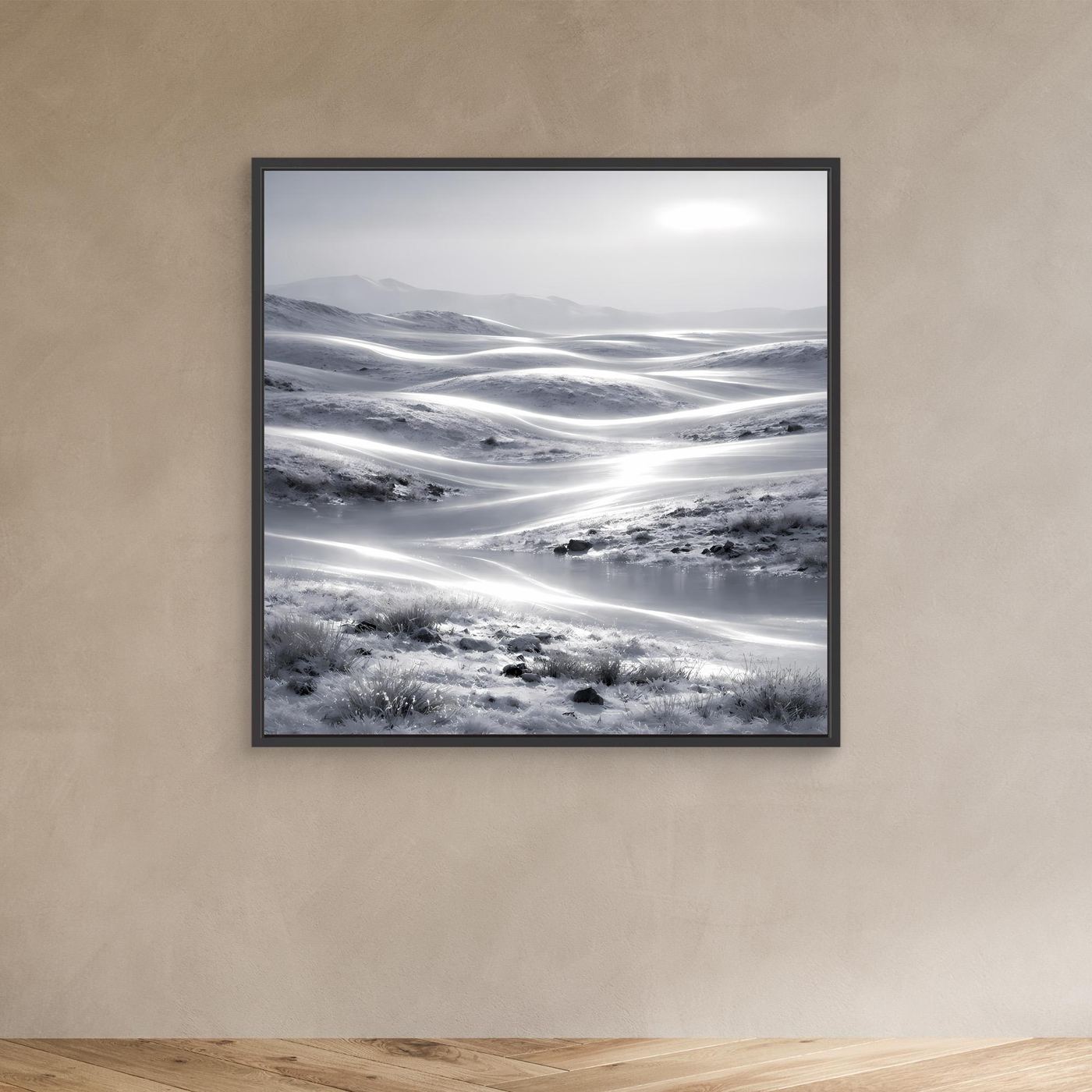 Leinwandbild Winterlandschaft mit schwarzem Rahmen, reduzierte Schneeberge in Grau-Blau