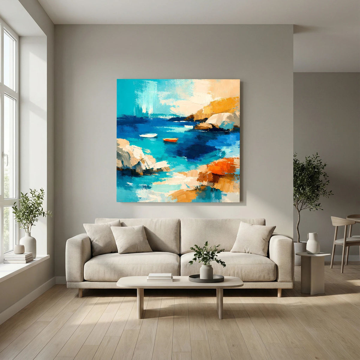 Gerahmtes Leinwandbild mit abstrakter Küste, Boot in Blau und Orange, pastose Pinselstriche