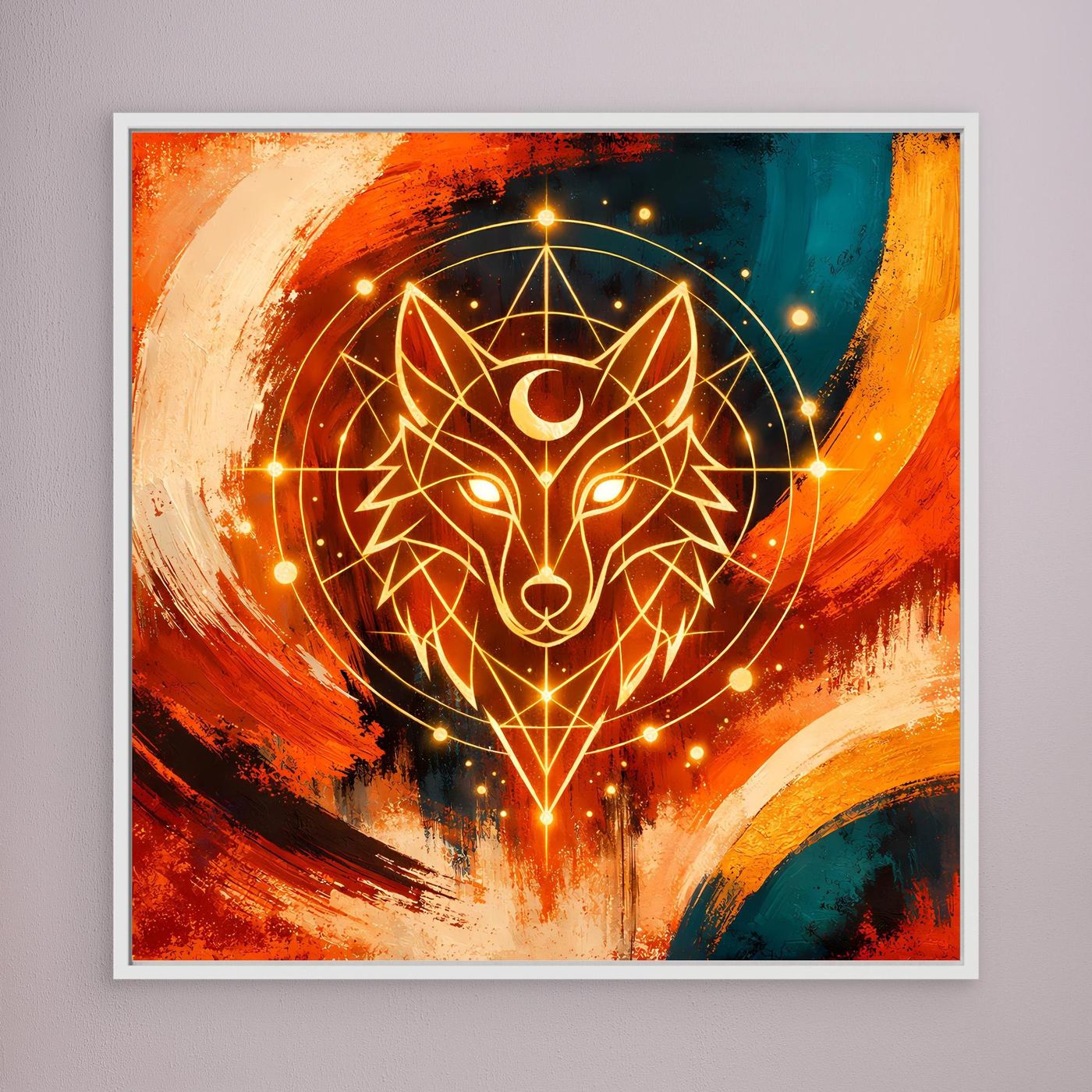 Gerahmtes Leinwandbild: geometrischer Wolf in Orange/Blau mit goldenen Lichtlinien, weißer Rahmen