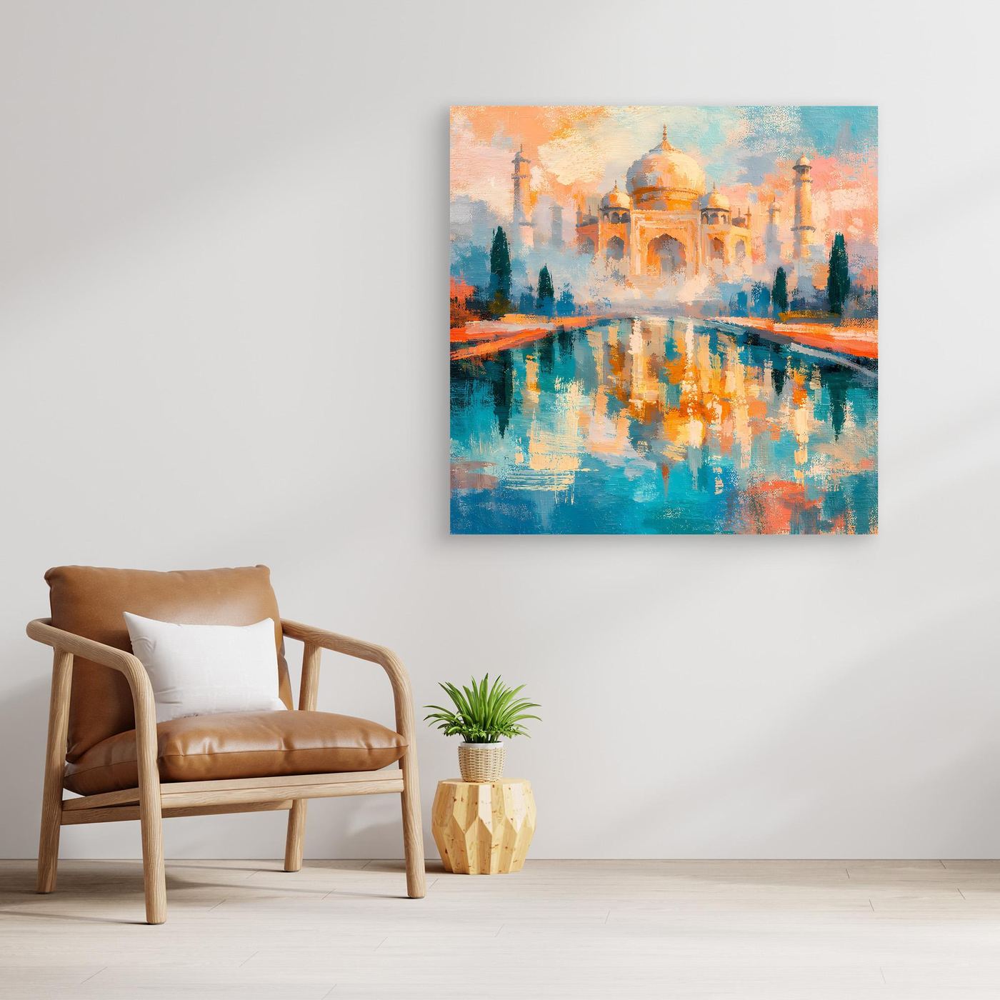 Unrahmtes Leinwand-Wandbild: abstraktes Taj Mahal mit blauem Wasser und Reflexion