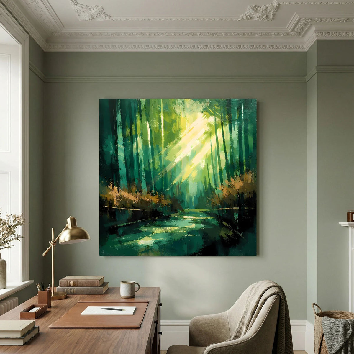 Abstraktes Leinwand-Wandbild mit grünen Bäumen, Lichtstrahlen und Fluss im Wald