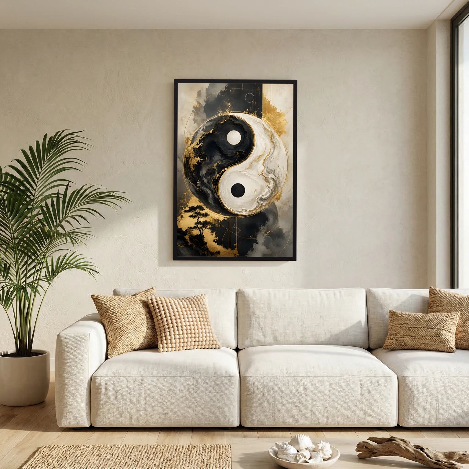 Wandbild im Hochformat mit Yin-Yang-Motiv in Schwarz, Weiß und Gold, schwarzer Rahmen
