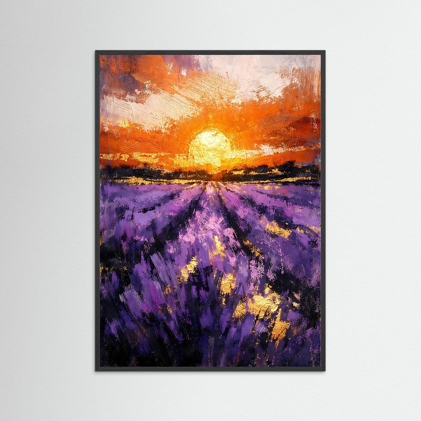 Hochformat-Wandposter mit schwarzem Rahmen: Sonnenuntergang über Lavendelfeld, violett/orange