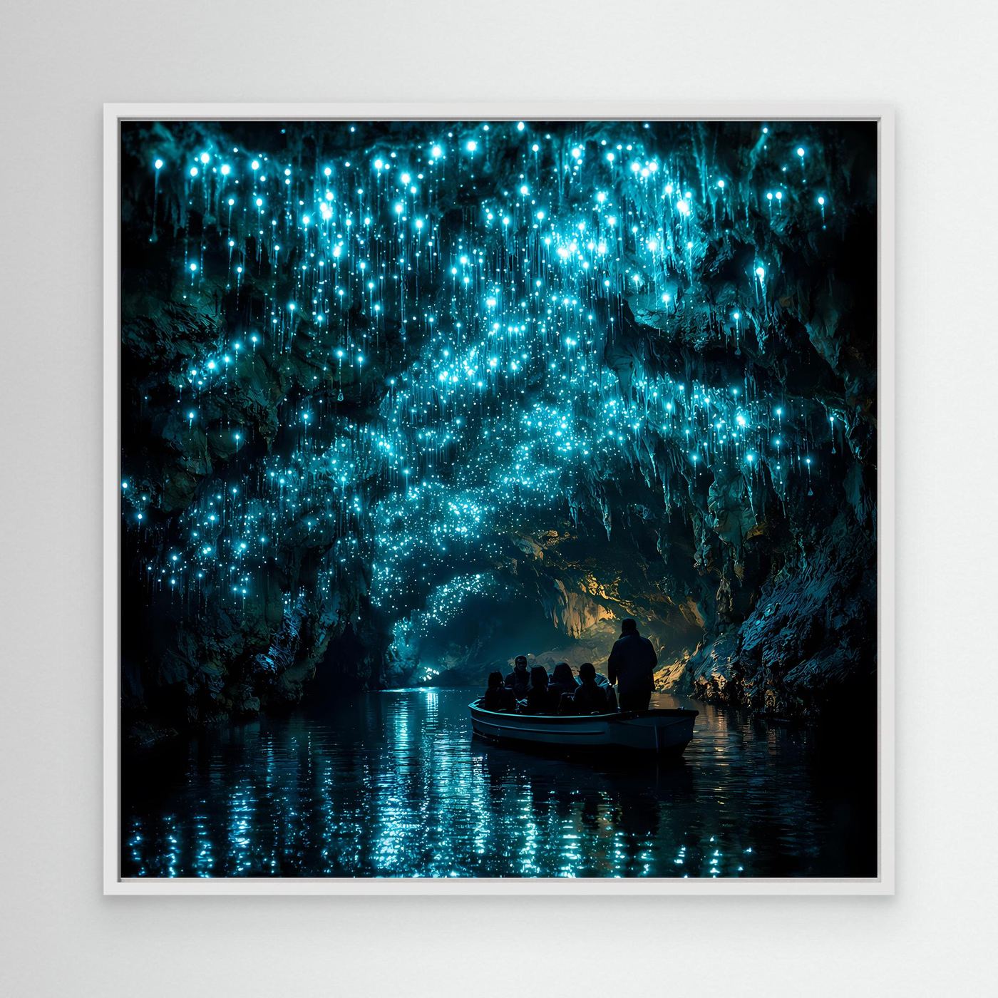 Leinwandbild im weißen Rahmen mit glühenden Glühwürmchen in der Höhle und Boot auf dem See