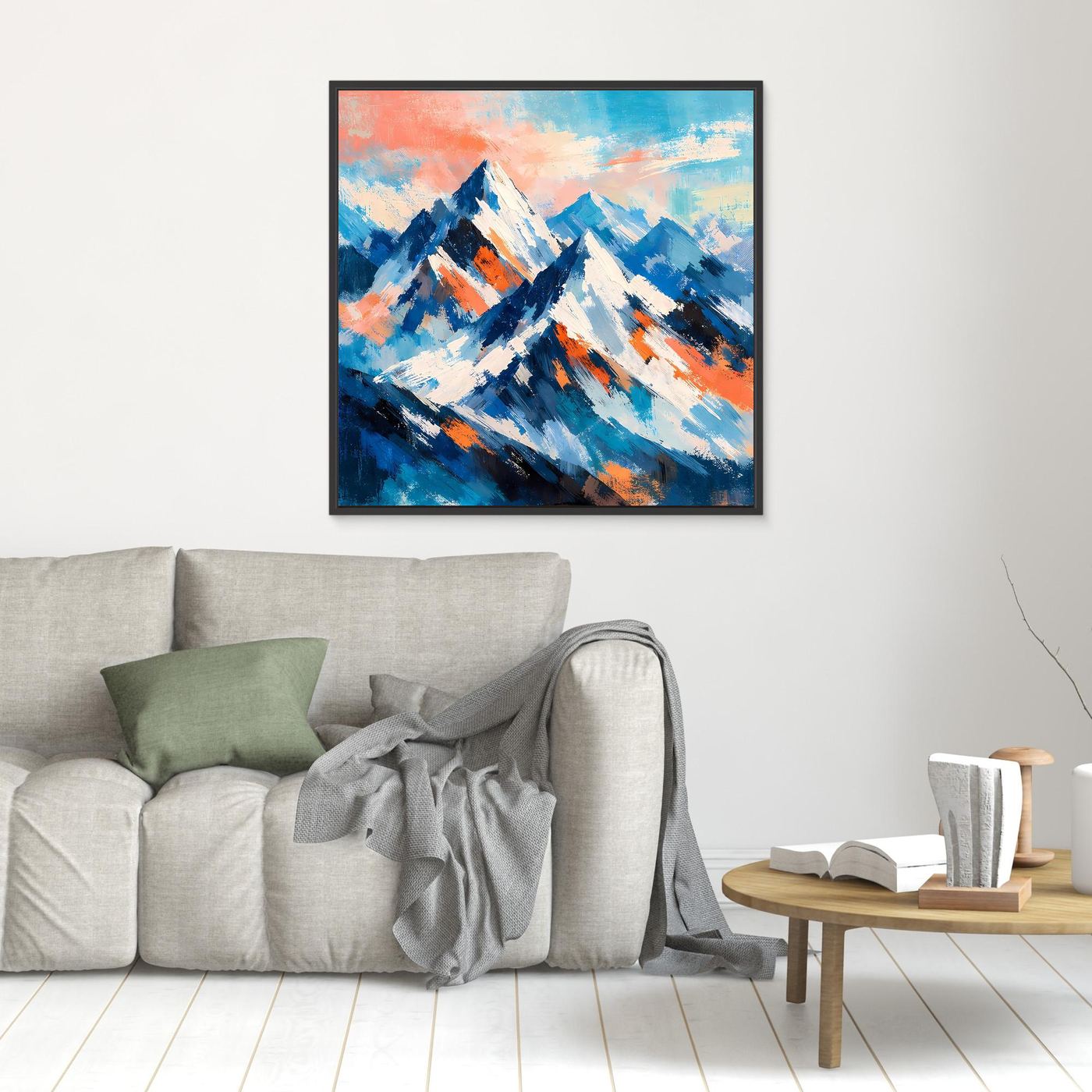 Kleines Leinwand-Wandbild mit Schneeberg-Abstraktion, gerahmt in Schwarz, Blau, Weiß, Orange