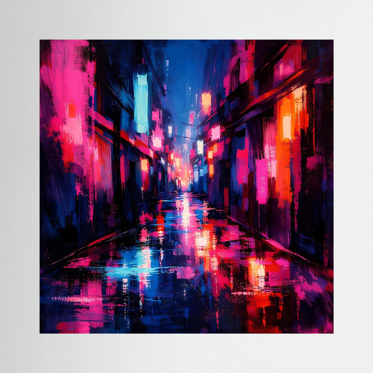 Nahansicht Neon-Wandbild Cyberpunk-Gasse im Regen, magenta-blau-orange, schwarzer Rahmen