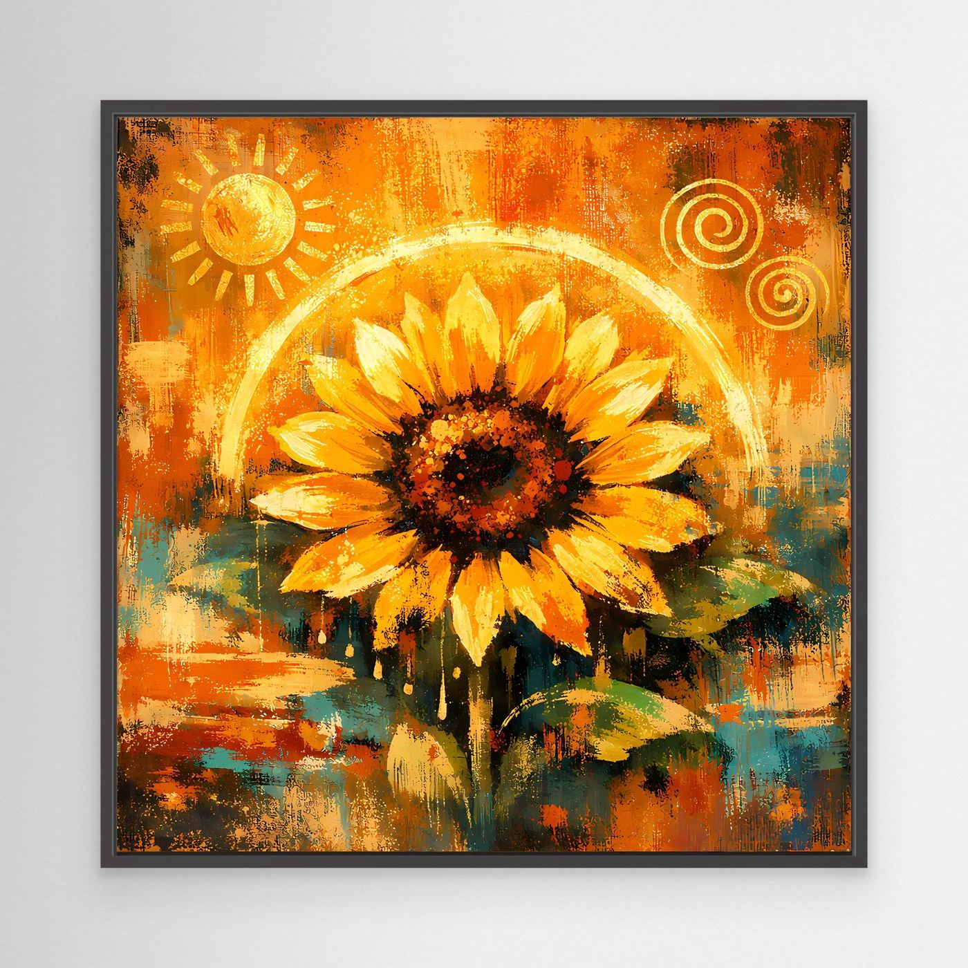 Abstraktes Leinwand-Wandbild mit goldener Sonnenblume, Sonne und Kreismotiven, schwarzer Rahmen