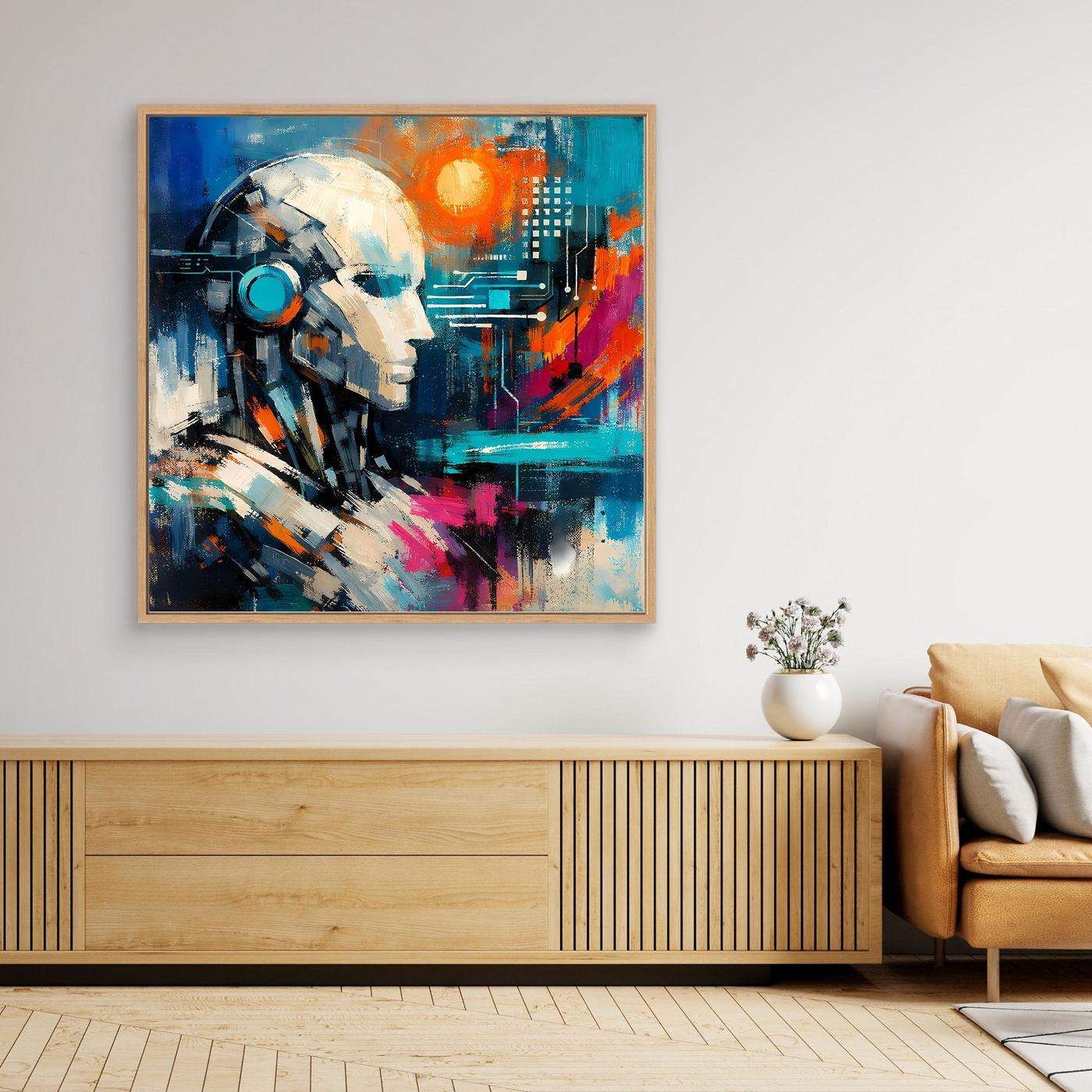 Abstract cybernetic mind wall art print with robot face, blue and orange, oak frame