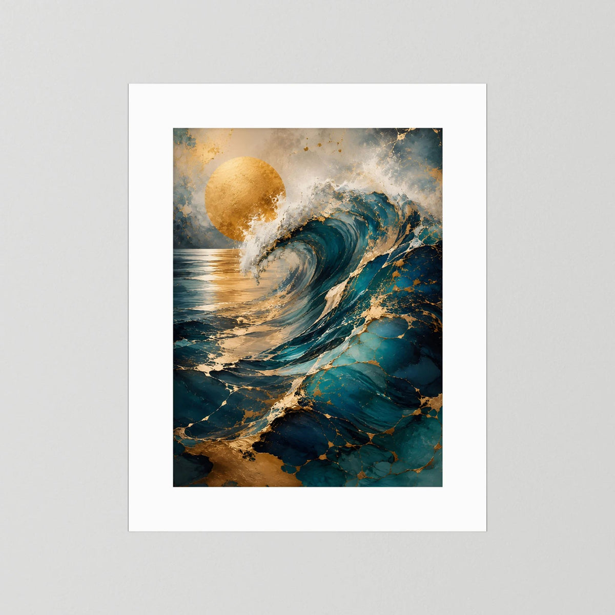 Kunstposter „Goldene Welle“ mit weißem Rand: Petrol/Türkiser Wellenverlauf und goldene Sonne