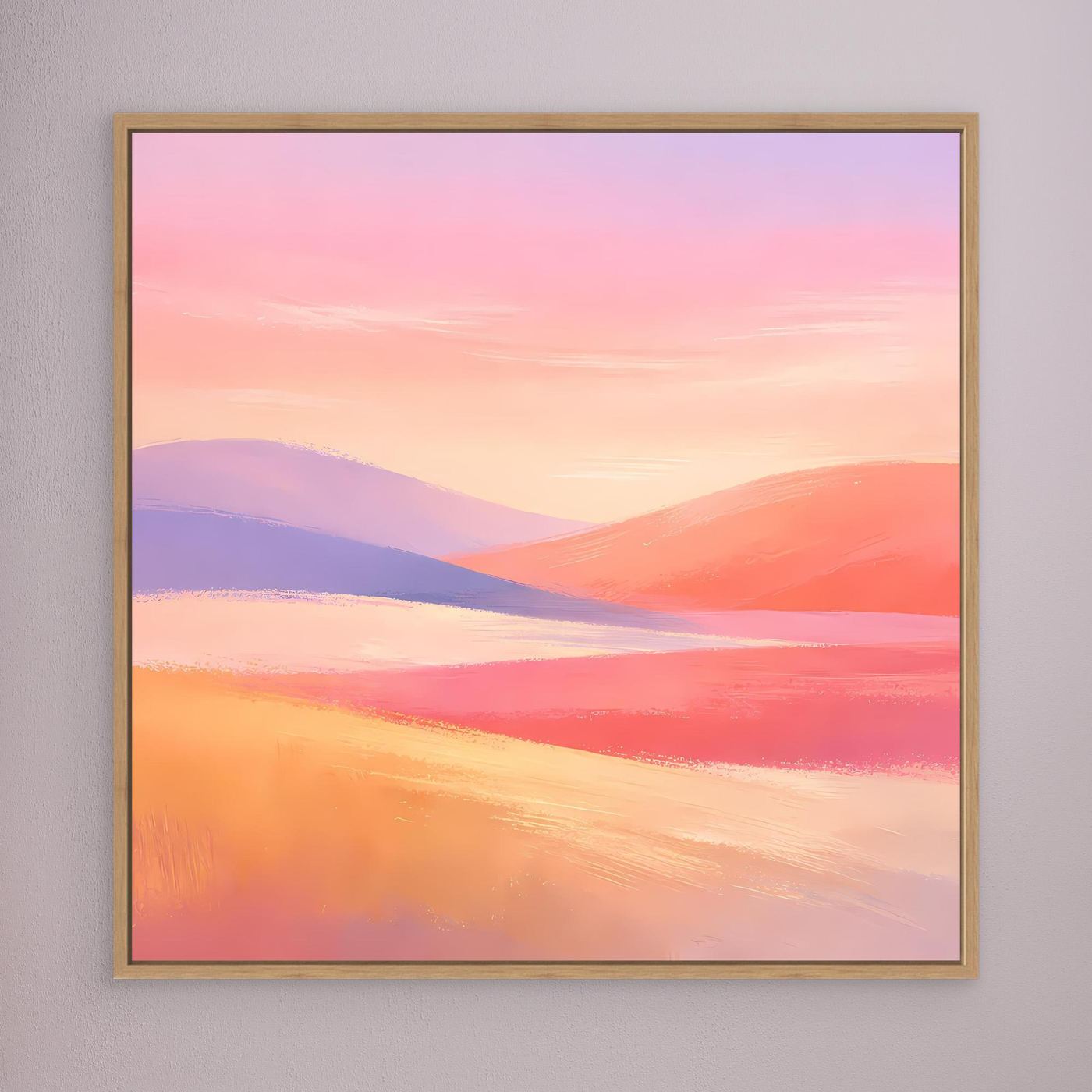 Leinwandbild mit abstrakter Hügellandschaft in Pastellfarben, goldbrauner Rahmen