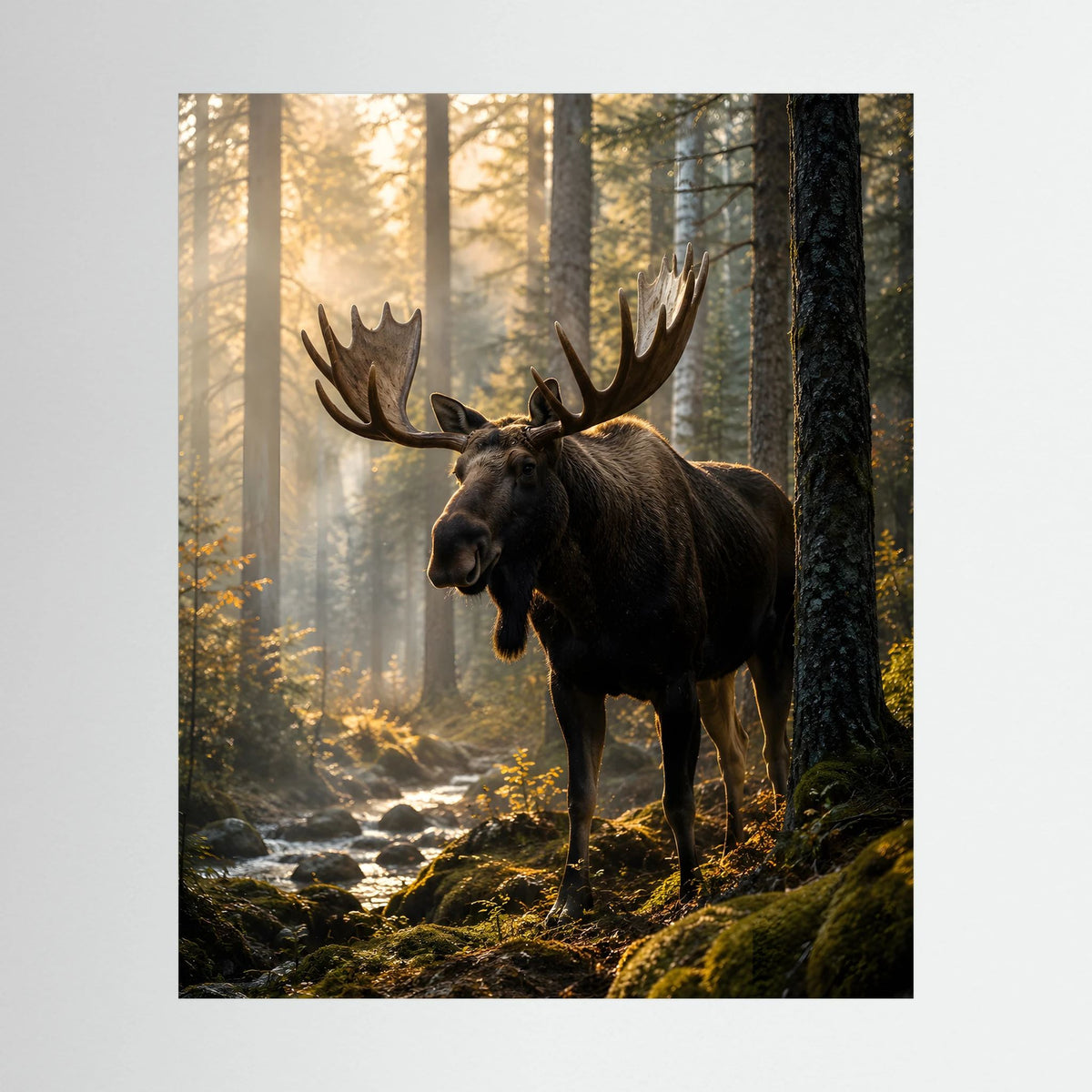 Naturposter im Hochformat mit Elch im Wald, warmes Sonnenlicht, ohne Rahmen