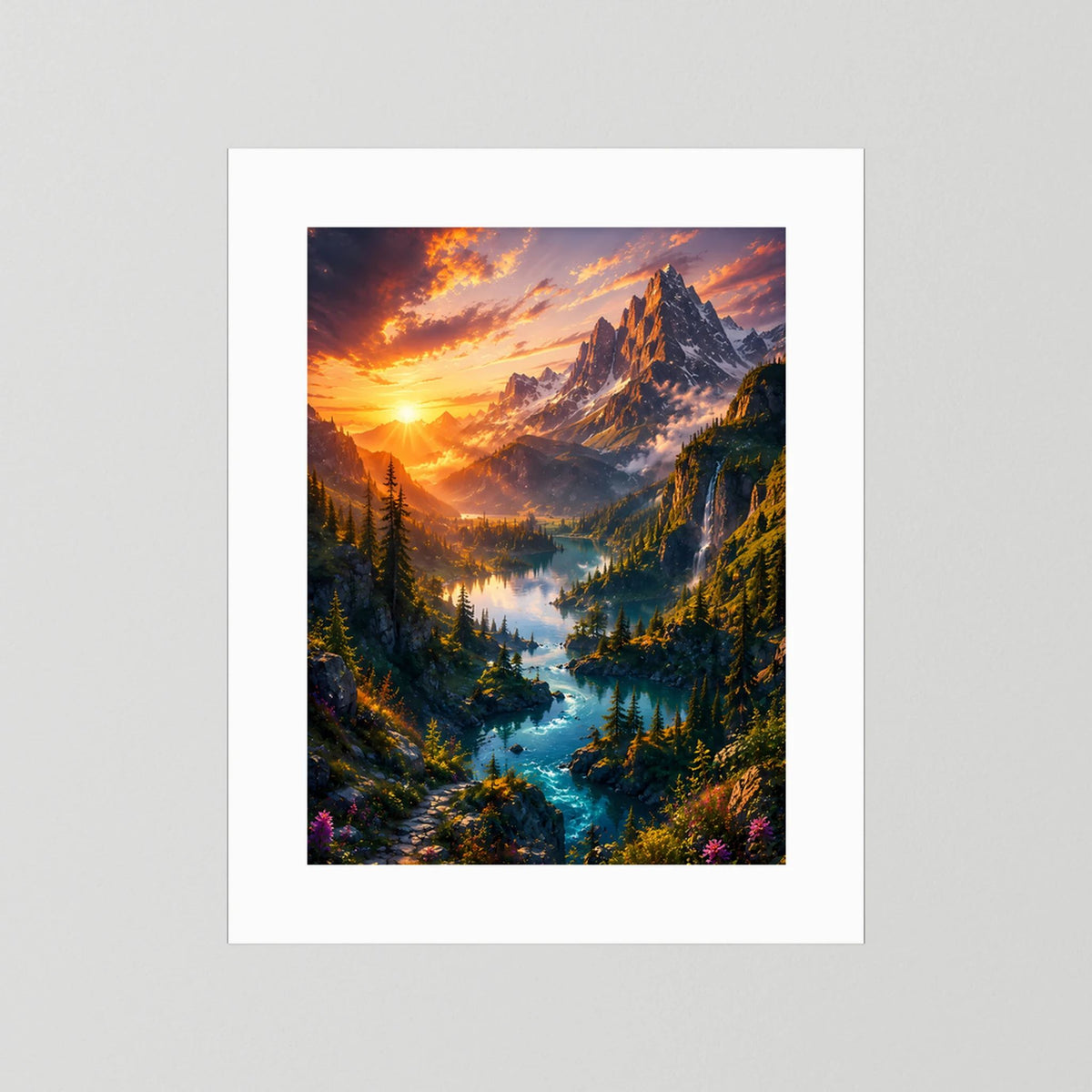 Hochformat-Poster mit weißem Passepartout: Berglandschaft und türkisfarbener Fluss bei Sonnenaufgang