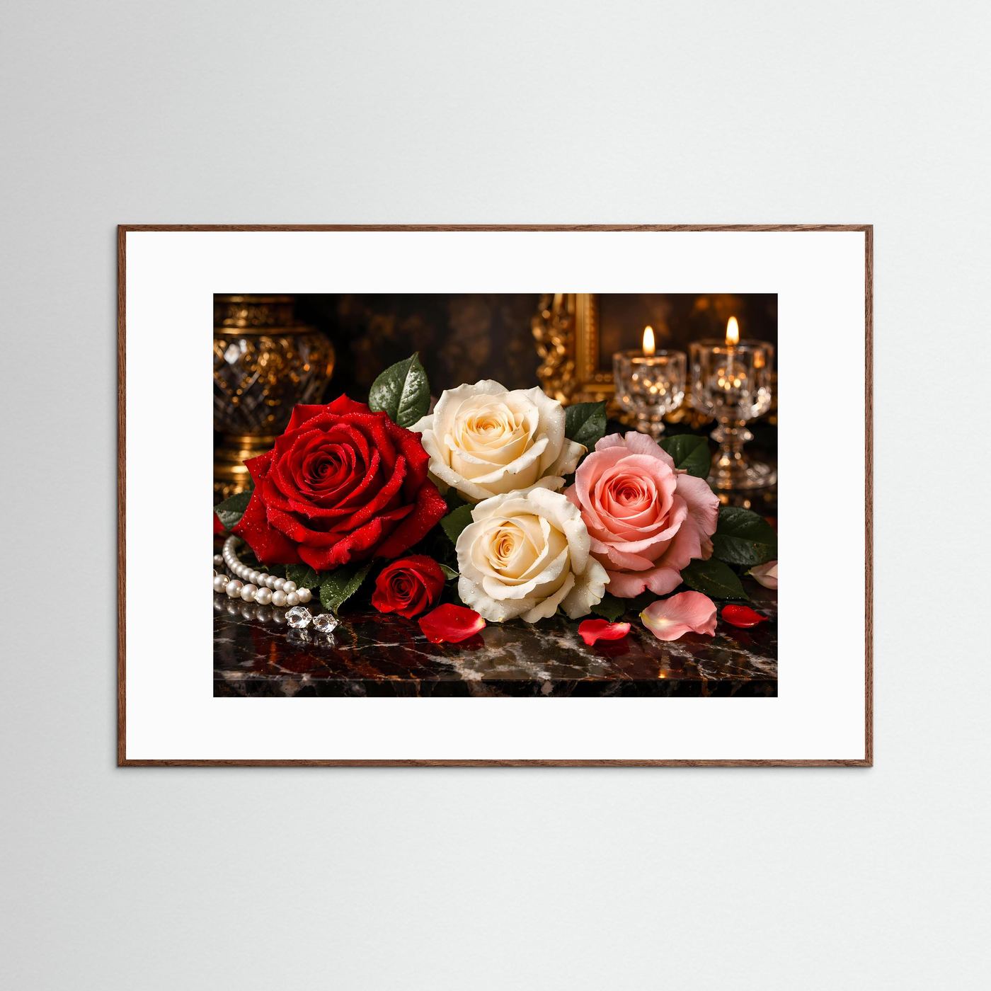 Gerahmtes Blumenposter mit braunem Holzrahmen: Rosen und Kerzen