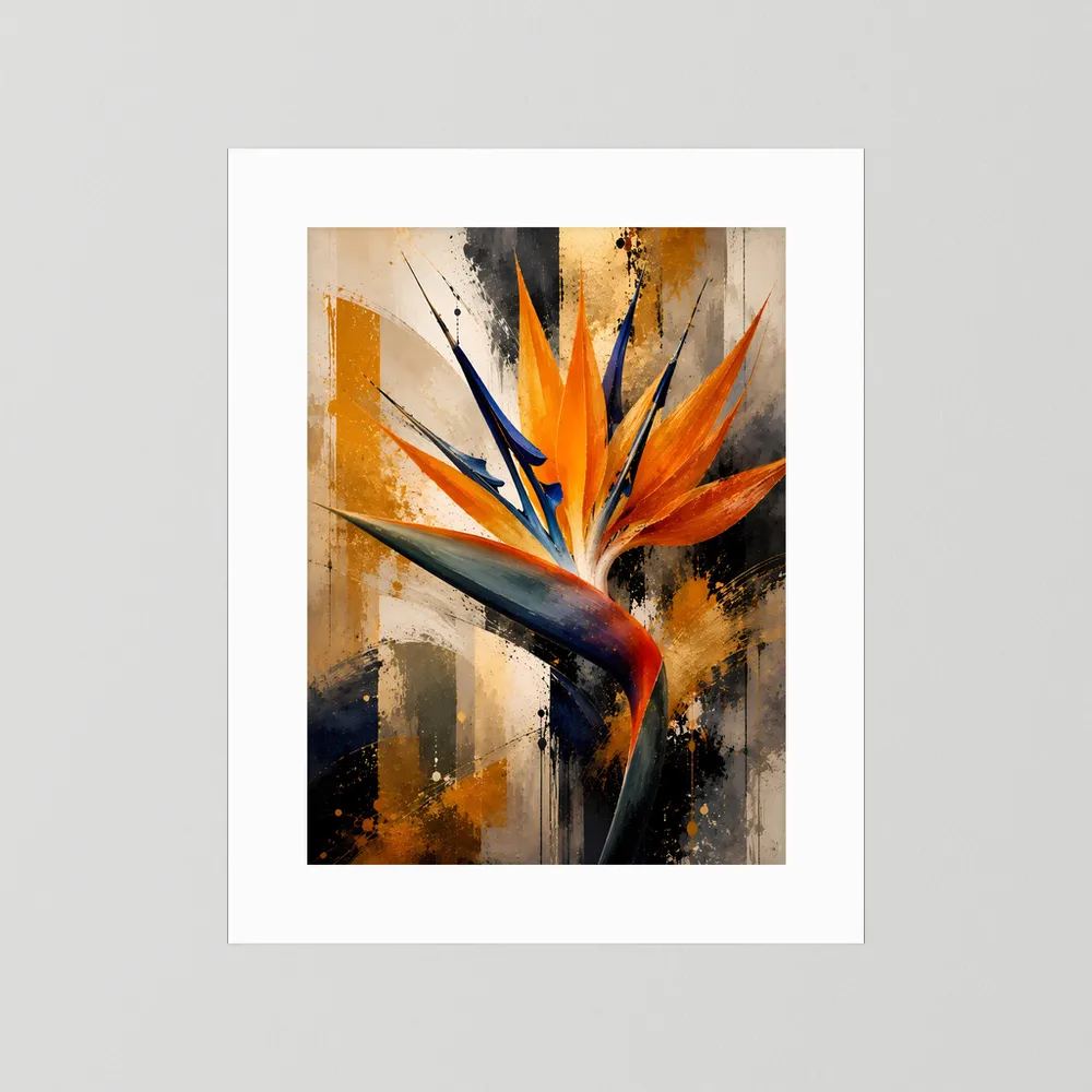 Abstraktes Poster im Hochformat mit weißem Rand: orange-blaue Strelitzie mit goldenen Akzenten