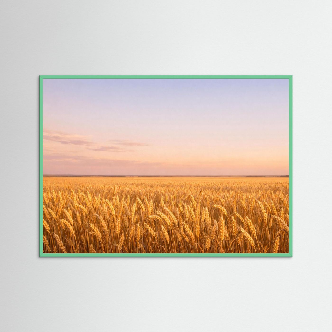 Wandbild mit goldenem Kornfeld und grünem Rahmen