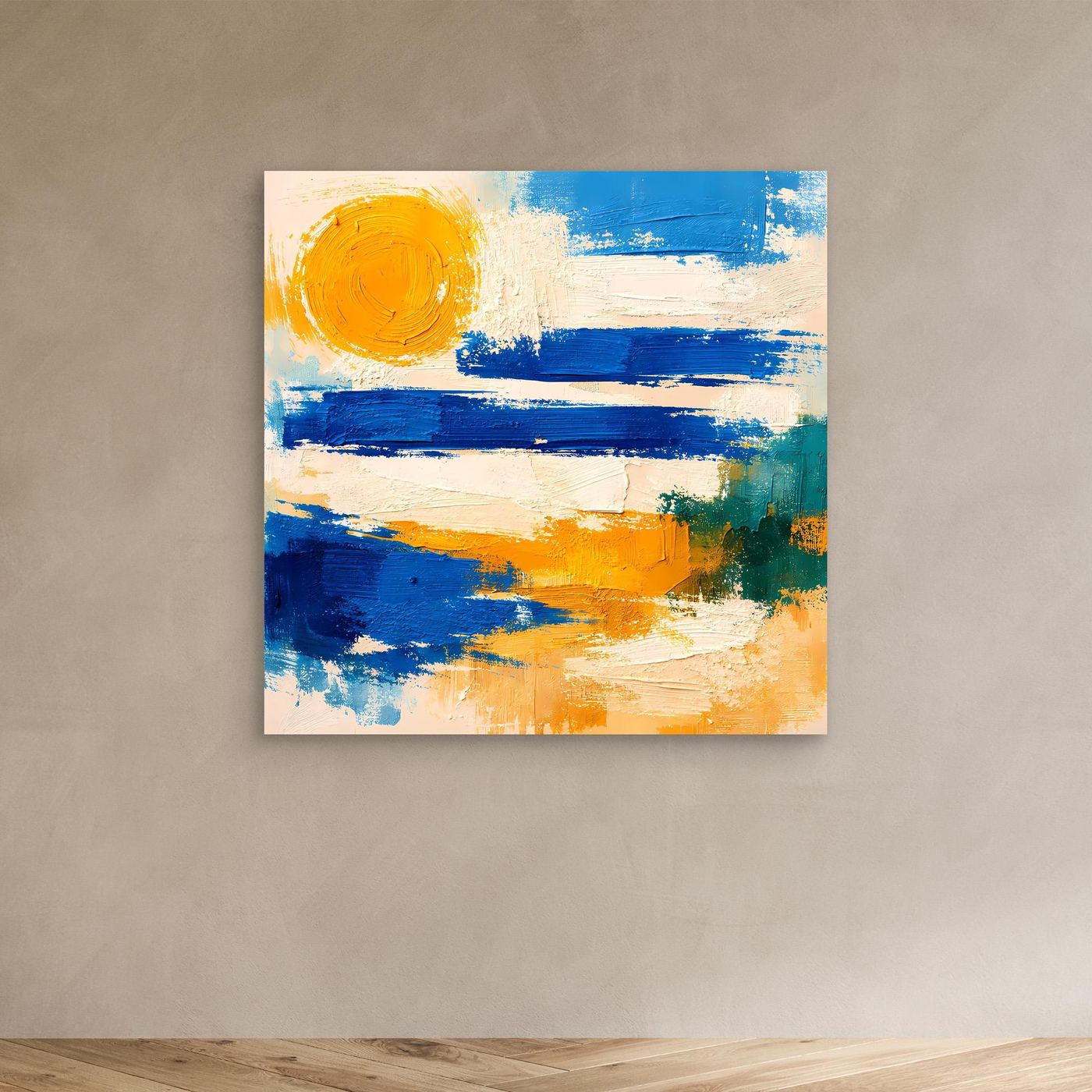 Abstract canvas wall art with blue and yellow wave brush strokes and a sun circle