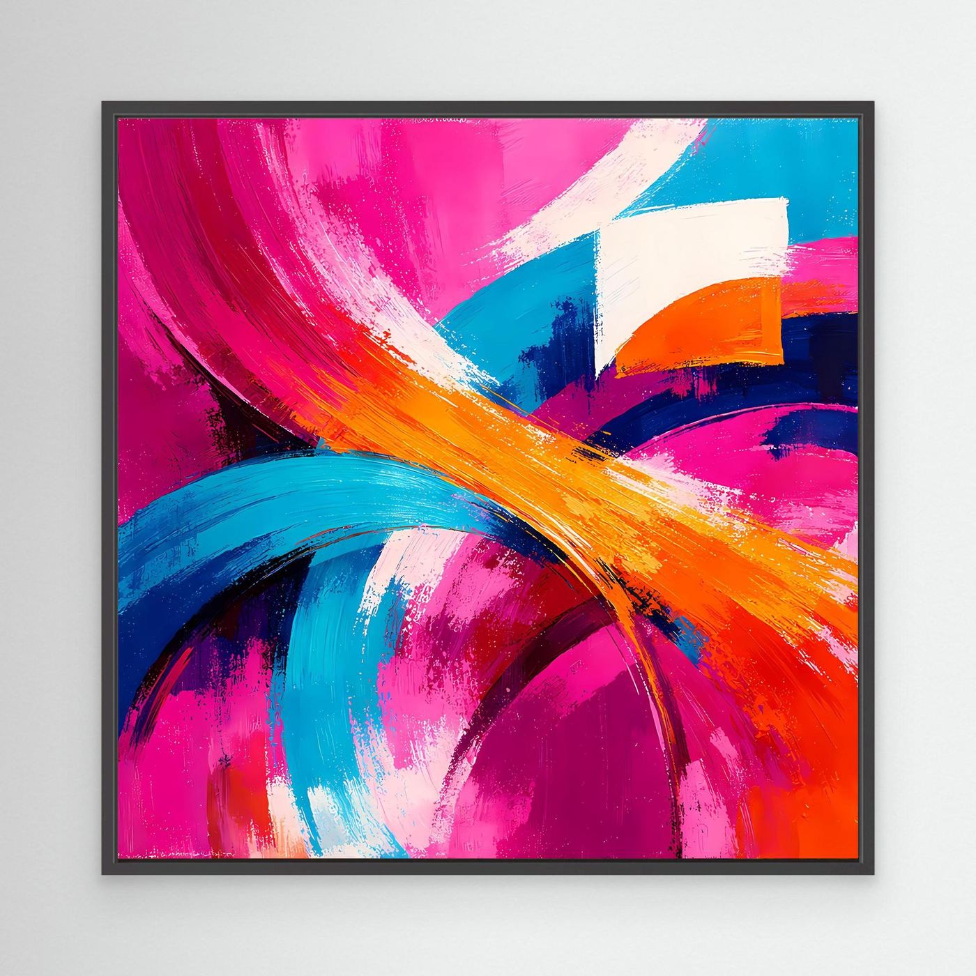 Leinwand-Abstraktbild mit Pinselstrichen in Pink, Blau und Orange, schwarzer Rahmen.