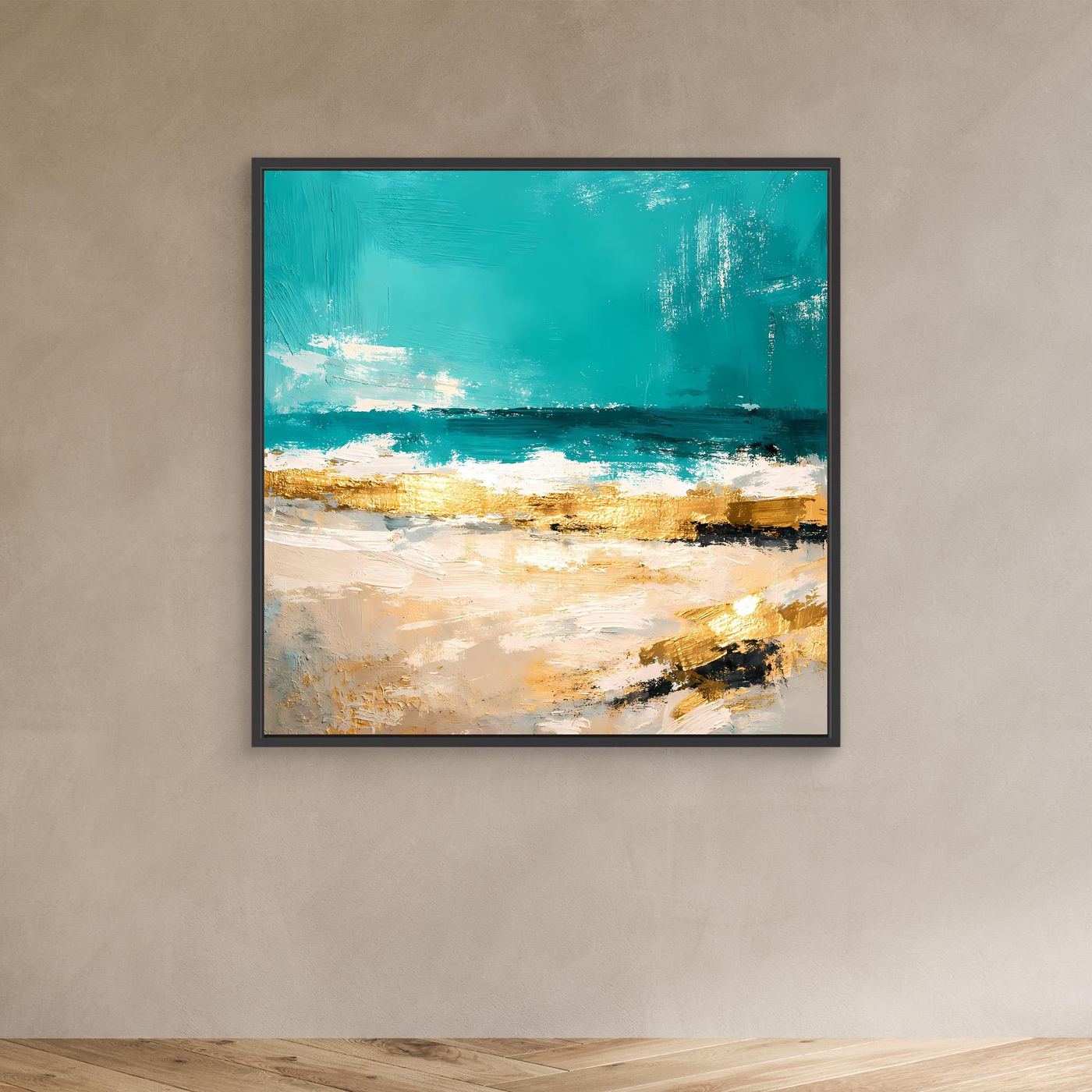 Leinwand Abstraktes Strandgemälde in Türkis und Gold | Modernes Meer Wandbild