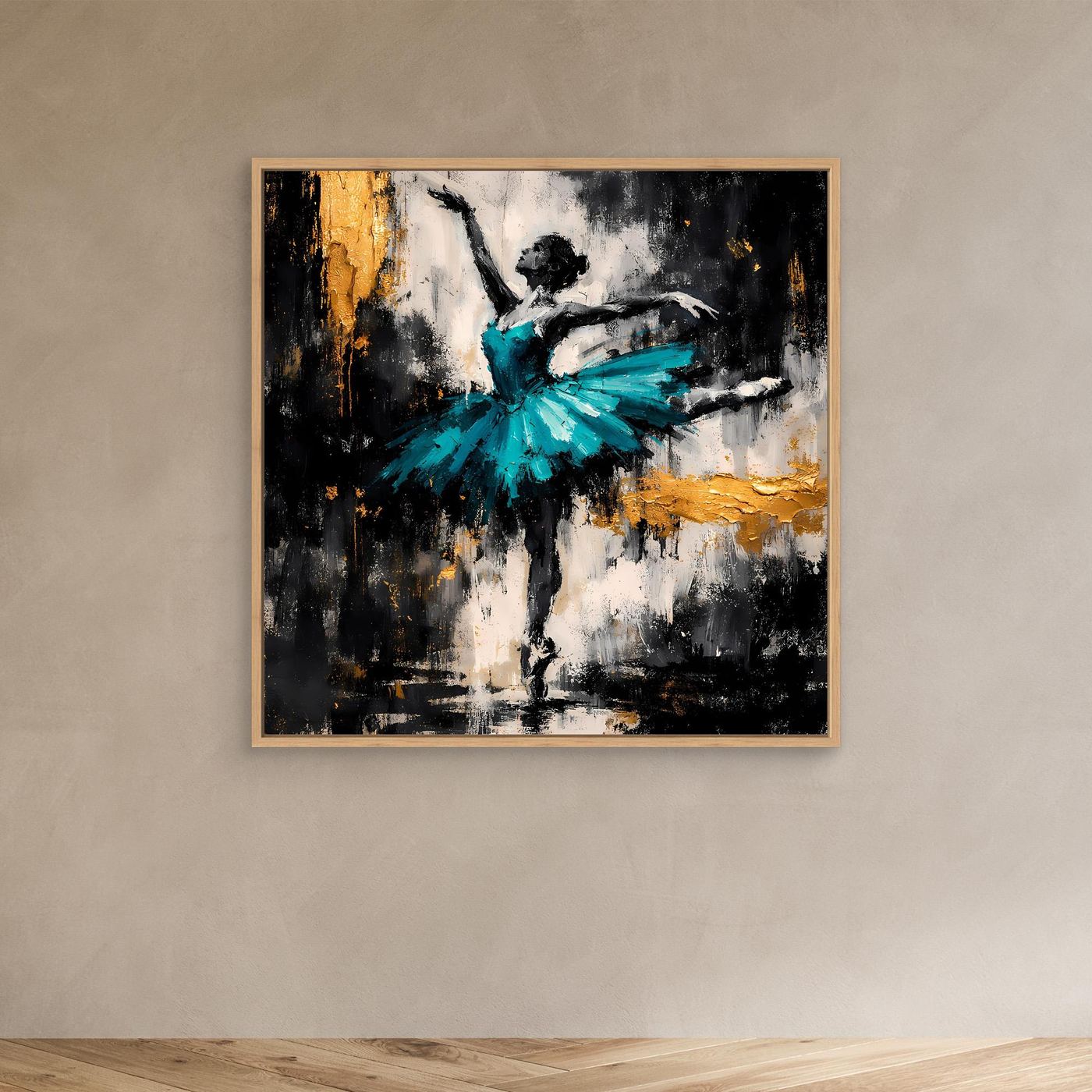 Leinwand Abstrakte Ballerina in Türkis und Gold | Modernes Ballett Wandbild mit Tanz-Motiv