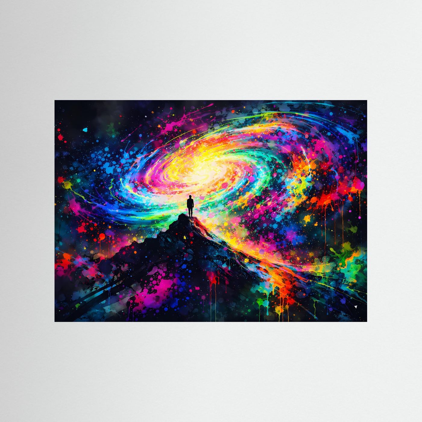 Panorama-Poster mit Galaxie: bunte Spiralwolken über dunkler Silhouette, ohne Rahmen