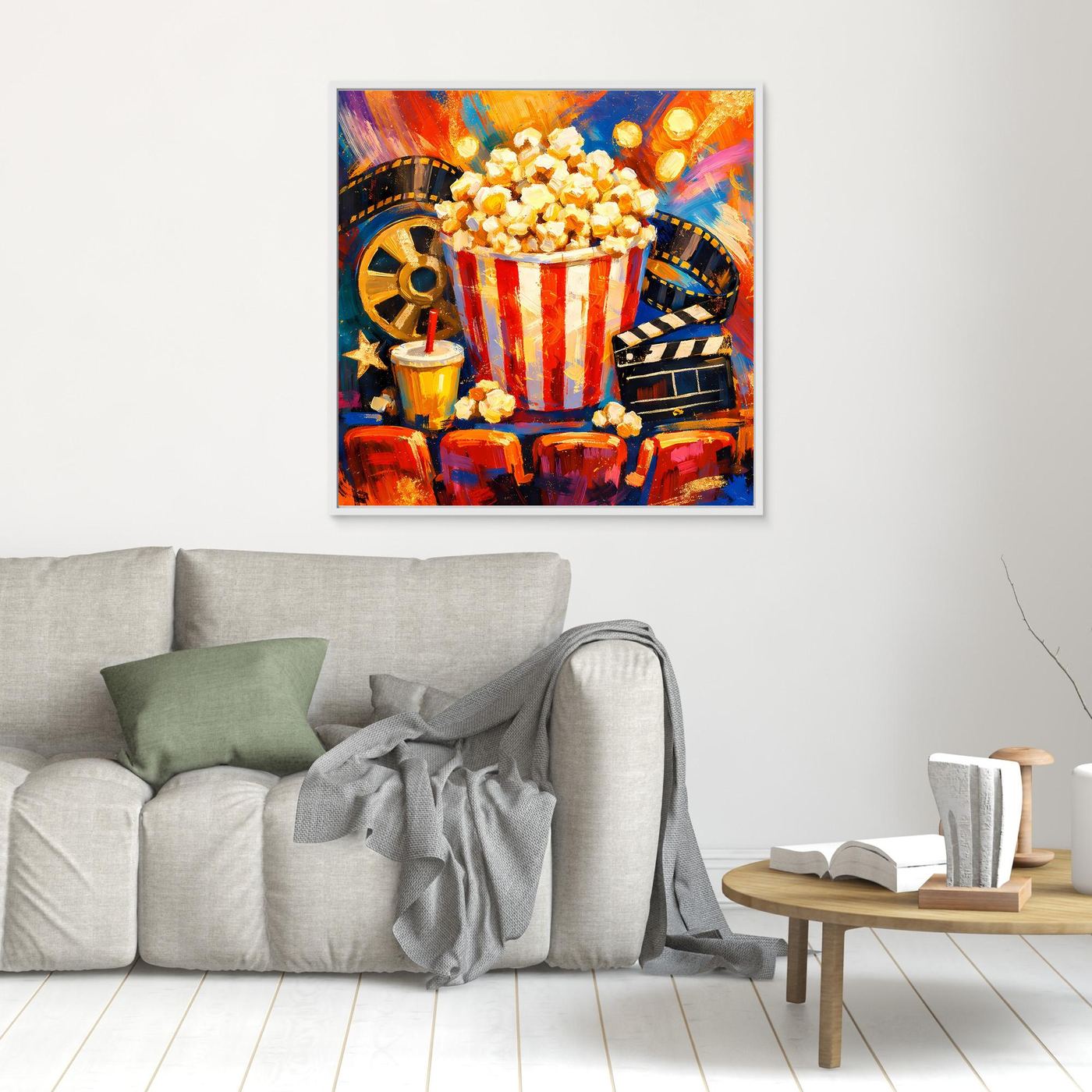 Gerahmtes Leinwandbild mit Popcorn-Eimer und Filmstreifen
