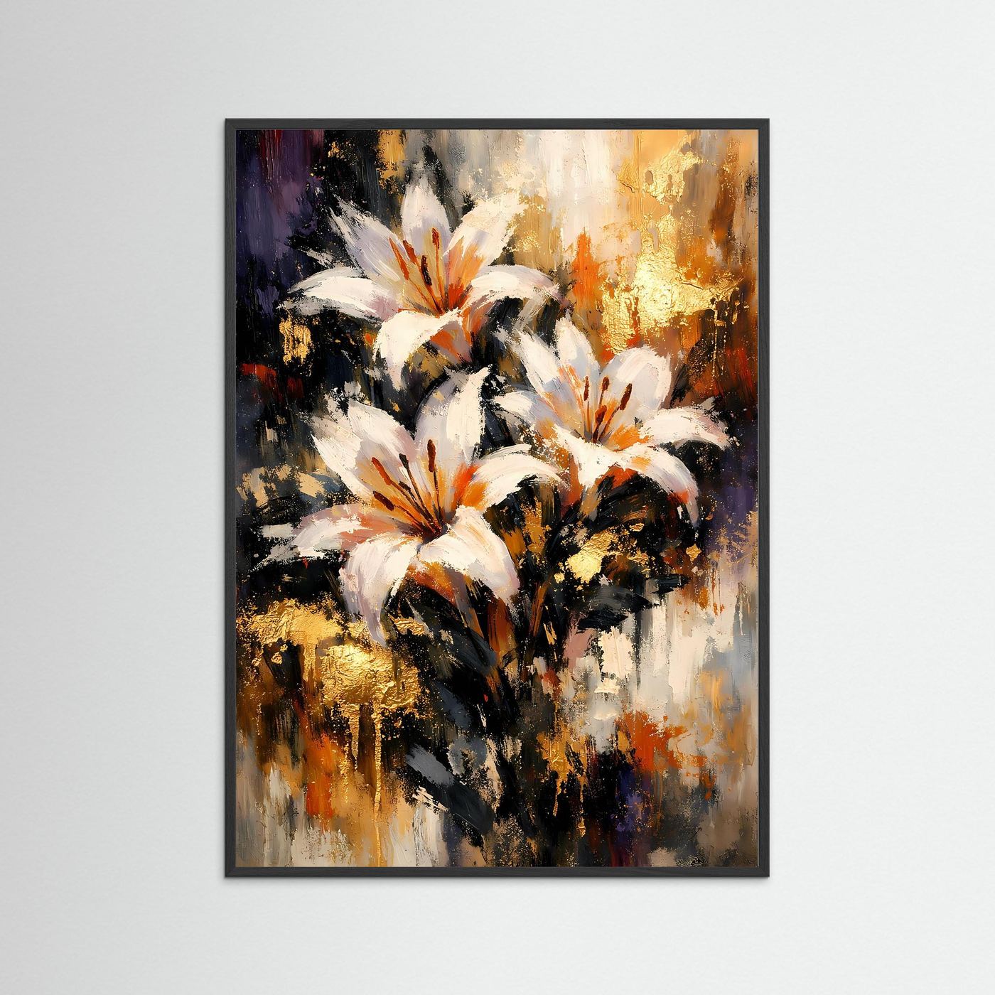 Hochformatiges Kunstposter mit abstrakten weißen Lilien, goldenen Akzenten und schwarzem Rahmen