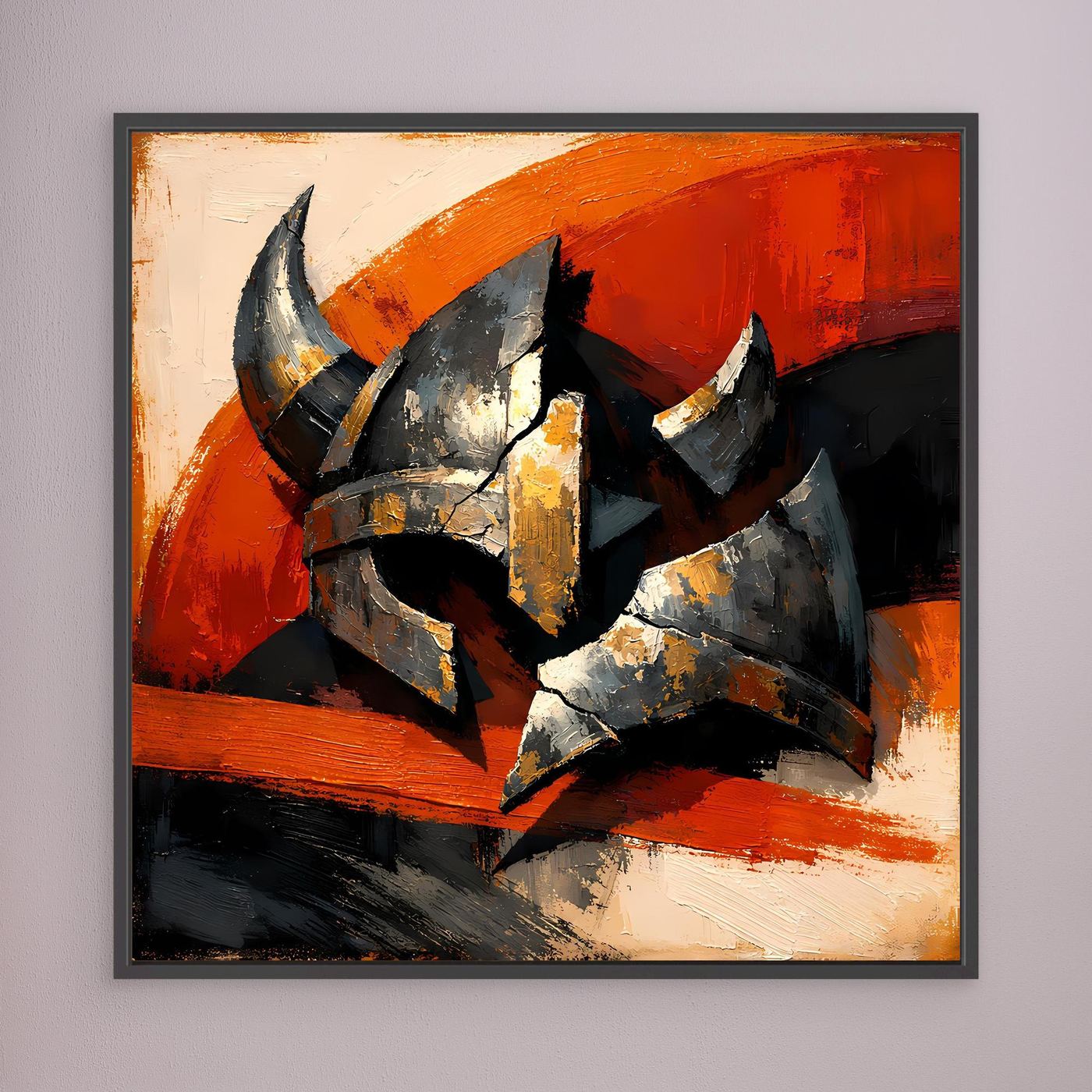 Leinwandbild mit Wikingerhelm, abstraktes Gemälde in Grau, Schwarz und Orange, dunkelgrauer Rahmen