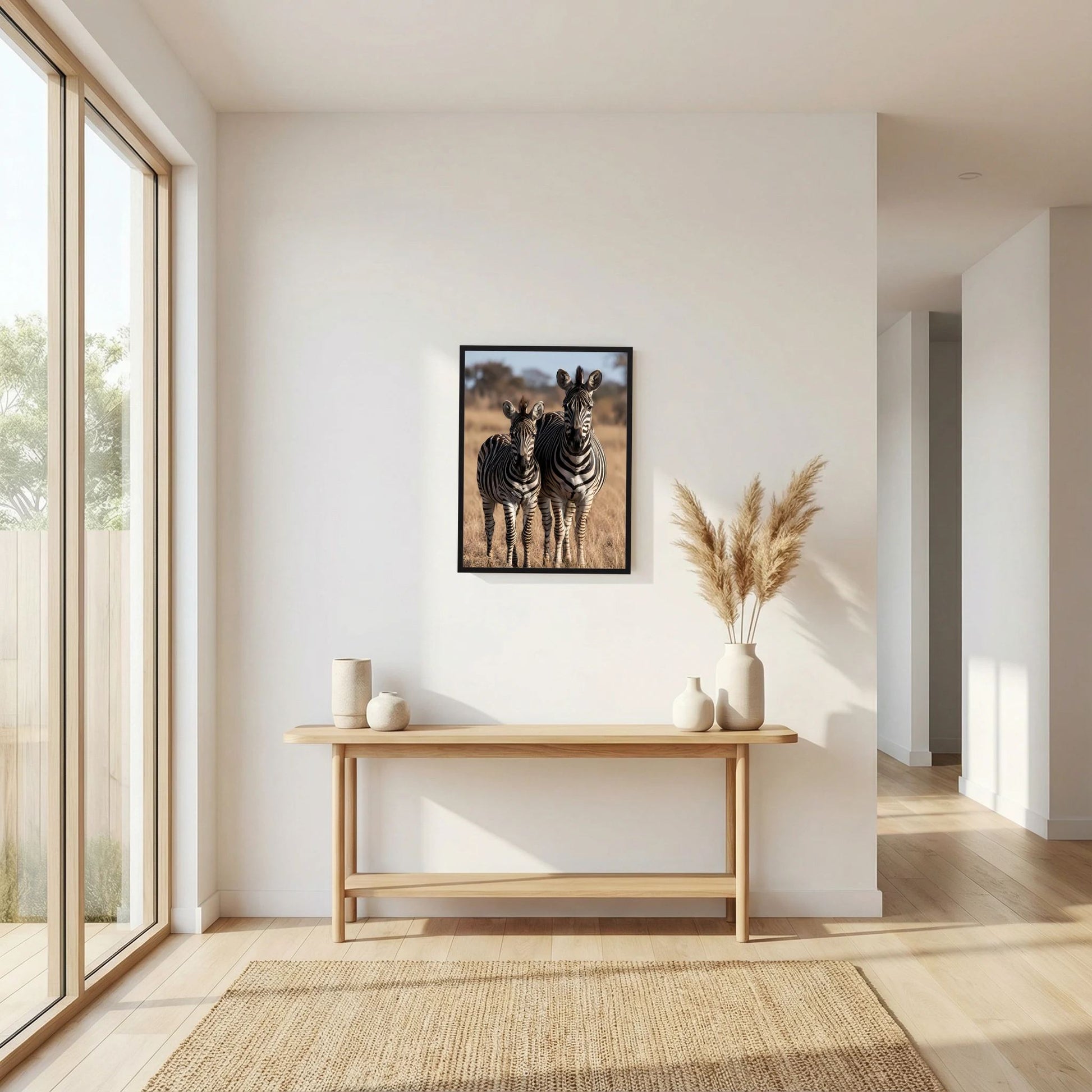 Wandposter mit Zebras (Mutter und Jungtier) im schwarzen Rahmen, hochformatig.