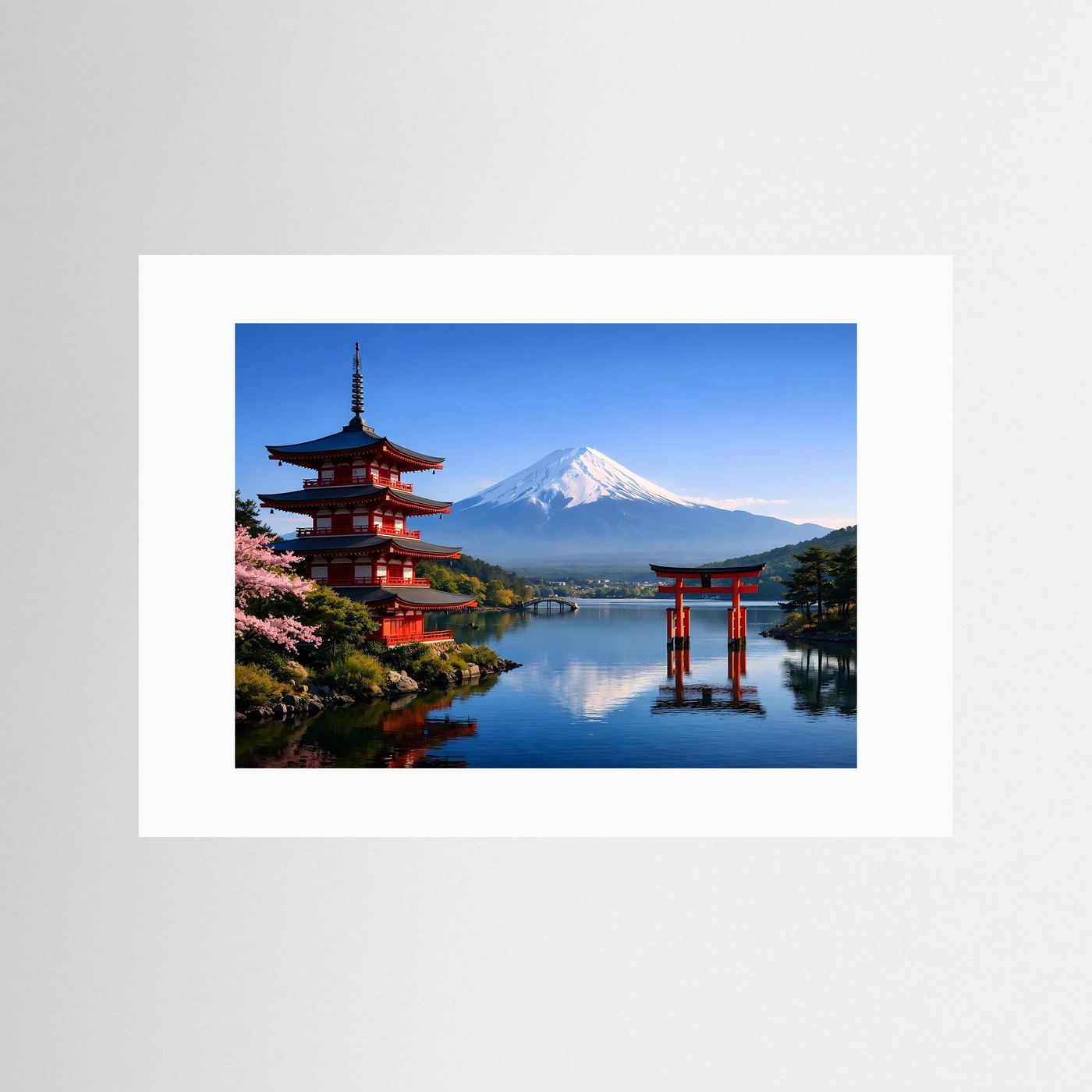 Japan-Poster Querformat ohne Rahmen, mit Berg Fuji, Pagode und roten Torii