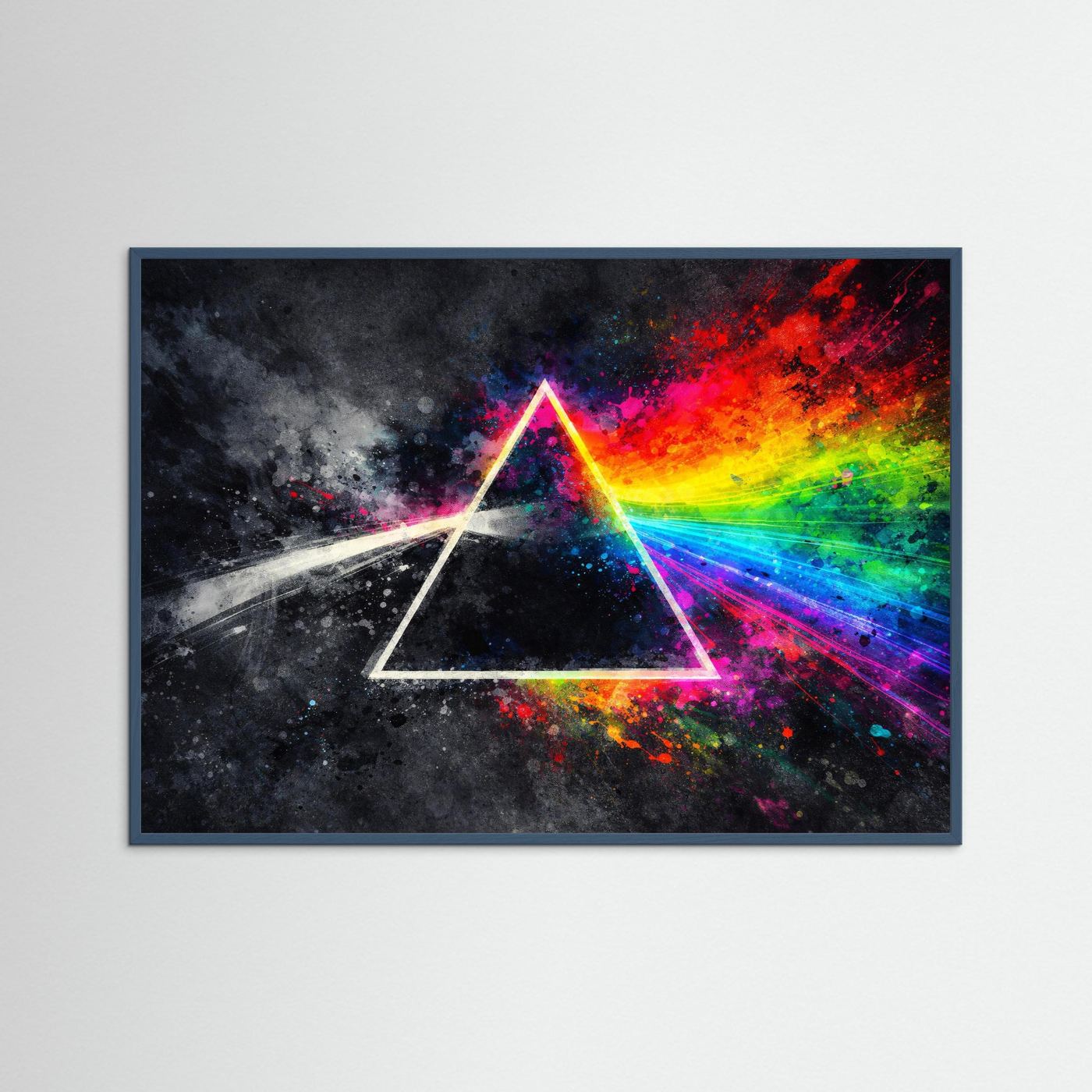 Wandbild mit Prisma im Dreieck und Regenbogenlicht, dunkelblau gerahmt