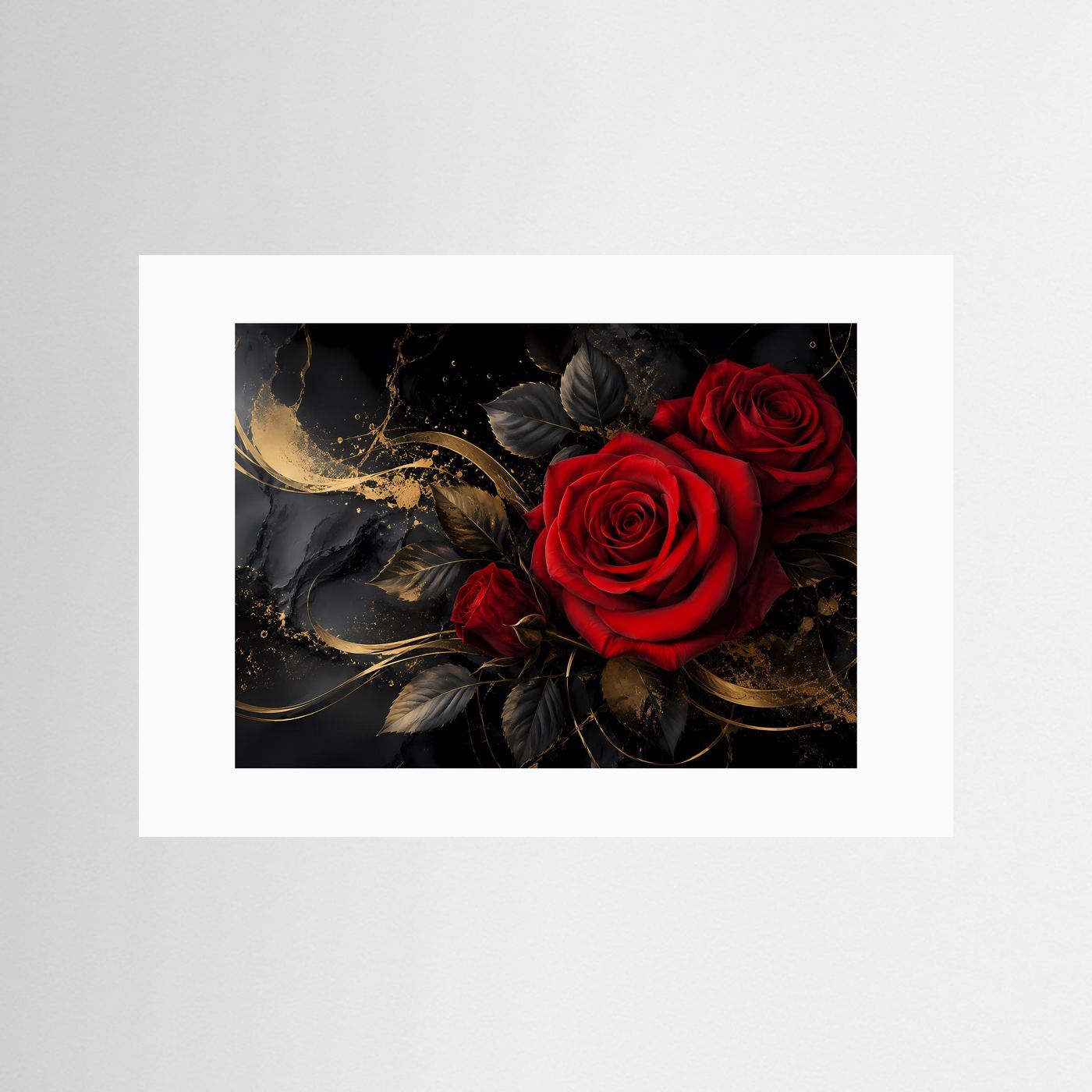 Dramatische Romantik | Rote Rosen & Gold Akzente Poster im Modern Art Stil