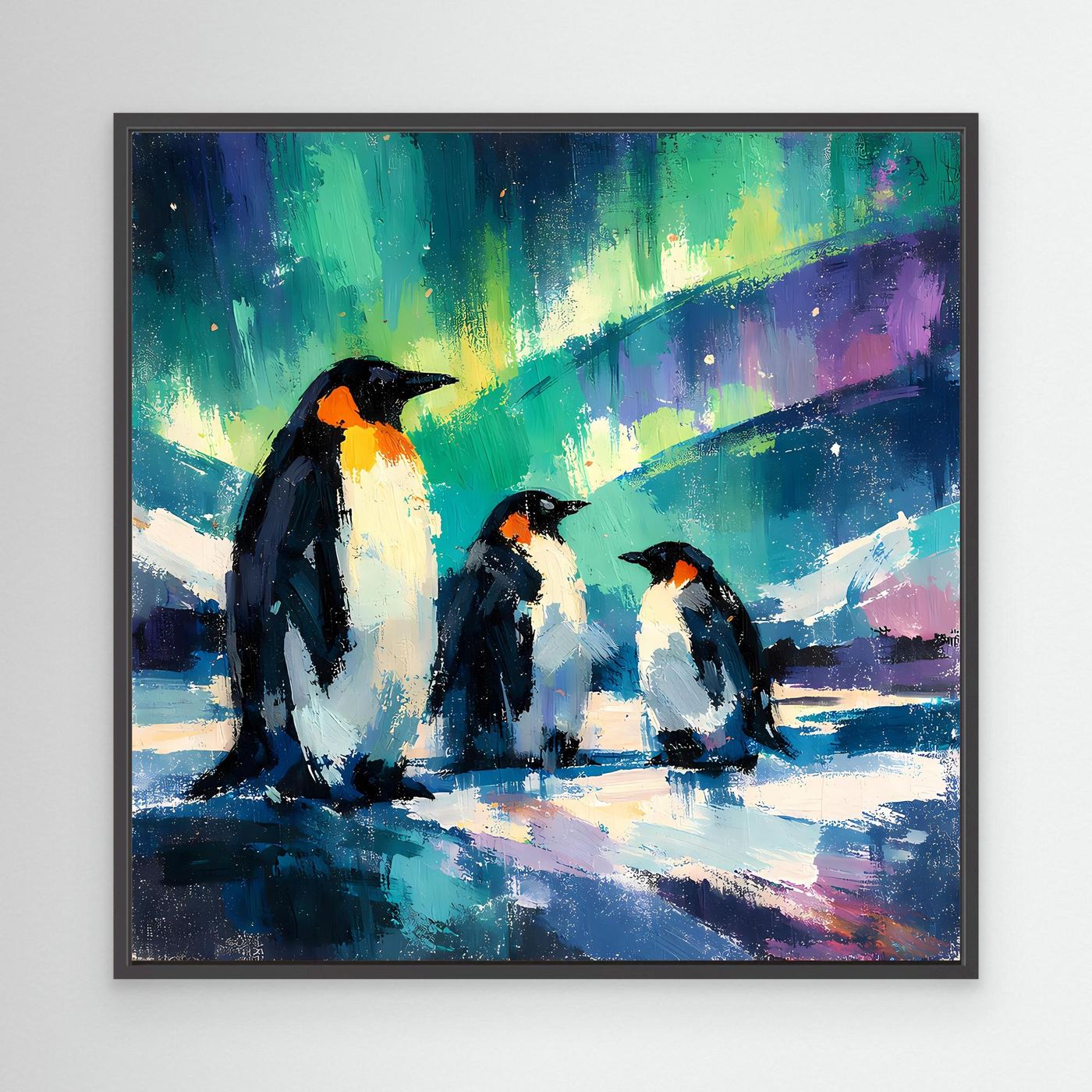 Leinwand Majestätische Pinguine unter Polarlichtern | Abstraktes Antarktis & Nordlicht Wandbild