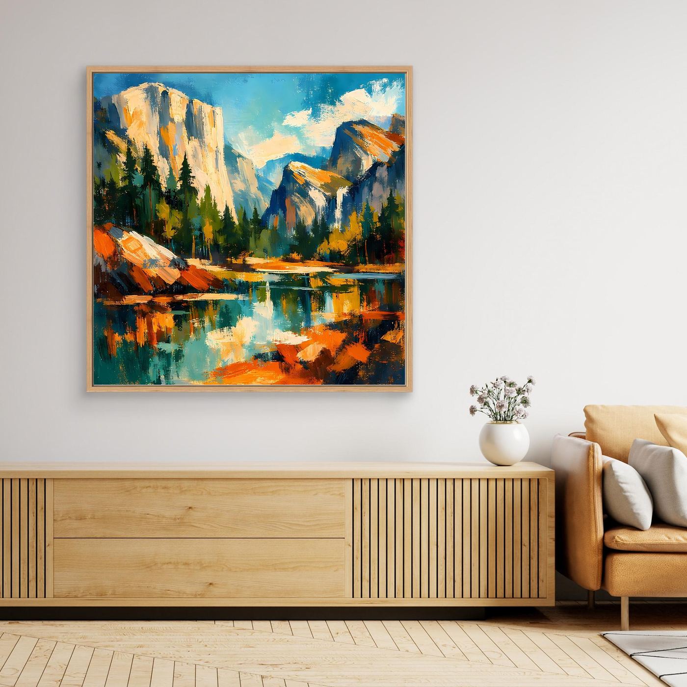 Leinwandbild: Berge, Wasserfläche und Felsdetails, farbig abstrakt, Holzrahmen